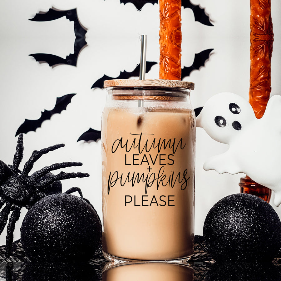 Autumn Leaves Cup featuring a bamboo lid and stainless steel straws, designed for hot and cold beverages with a stylish autumn-themed graphic.