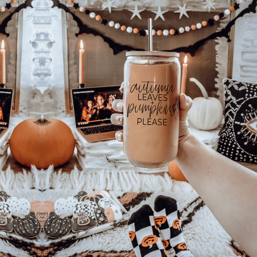 Autumn Leaves Cup featuring a bamboo lid and stainless steel straws, designed for hot and cold beverages with a stylish autumn-themed graphic.