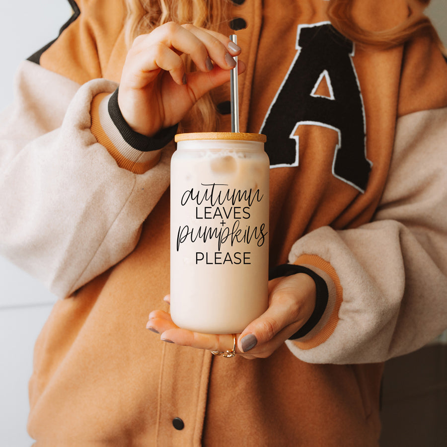 Autumn Leaves Cup featuring a bamboo lid and stainless steel straws, designed for hot and cold beverages with a stylish autumn-themed graphic.