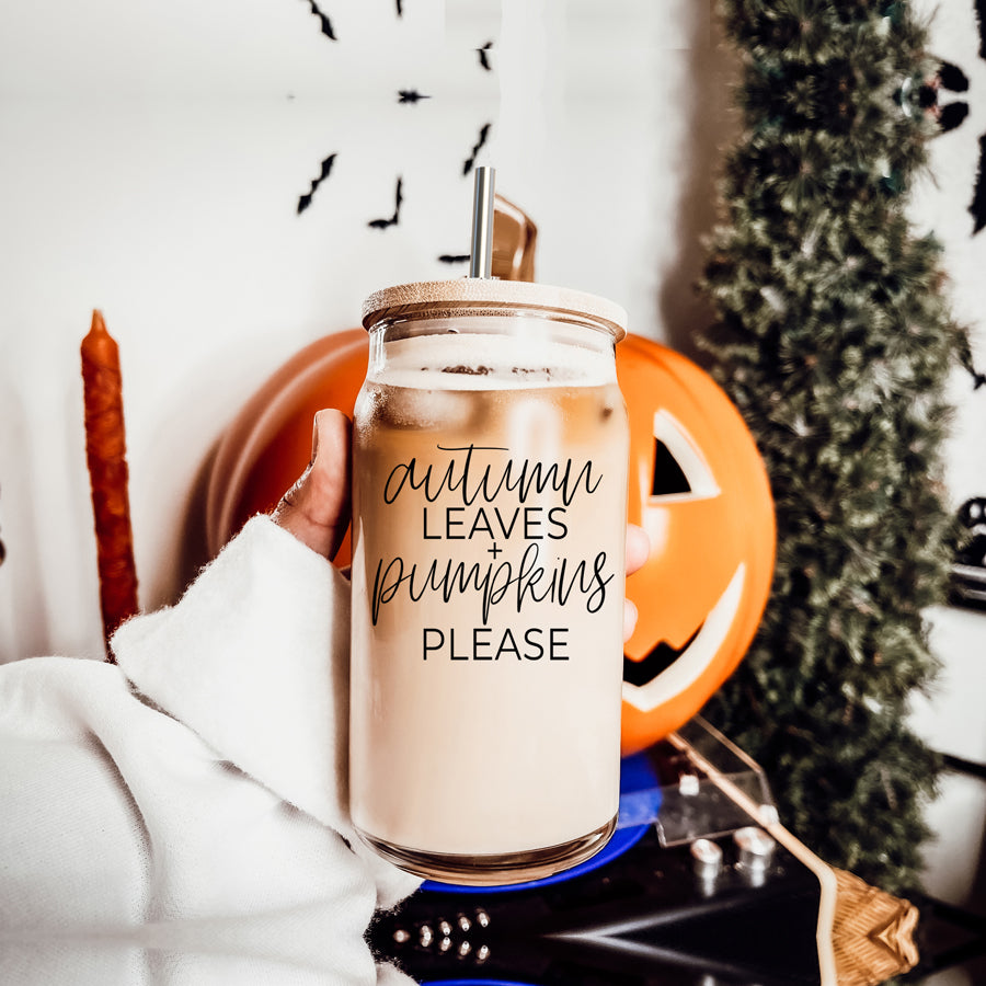 Autumn Leaves Cup featuring a bamboo lid and stainless steel straws, designed for hot and cold beverages with a stylish autumn-themed graphic.