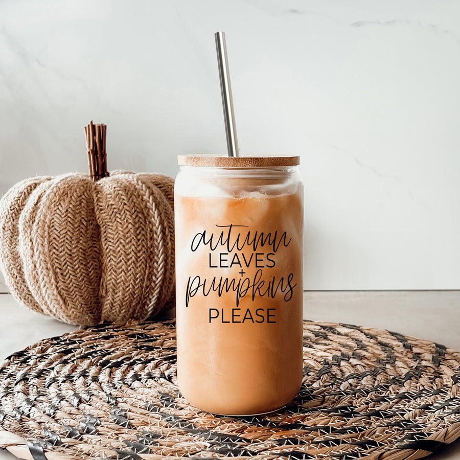 Autumn Leaves Cup featuring a bamboo lid and stainless steel straws, designed for hot and cold beverages with a stylish autumn-themed graphic.