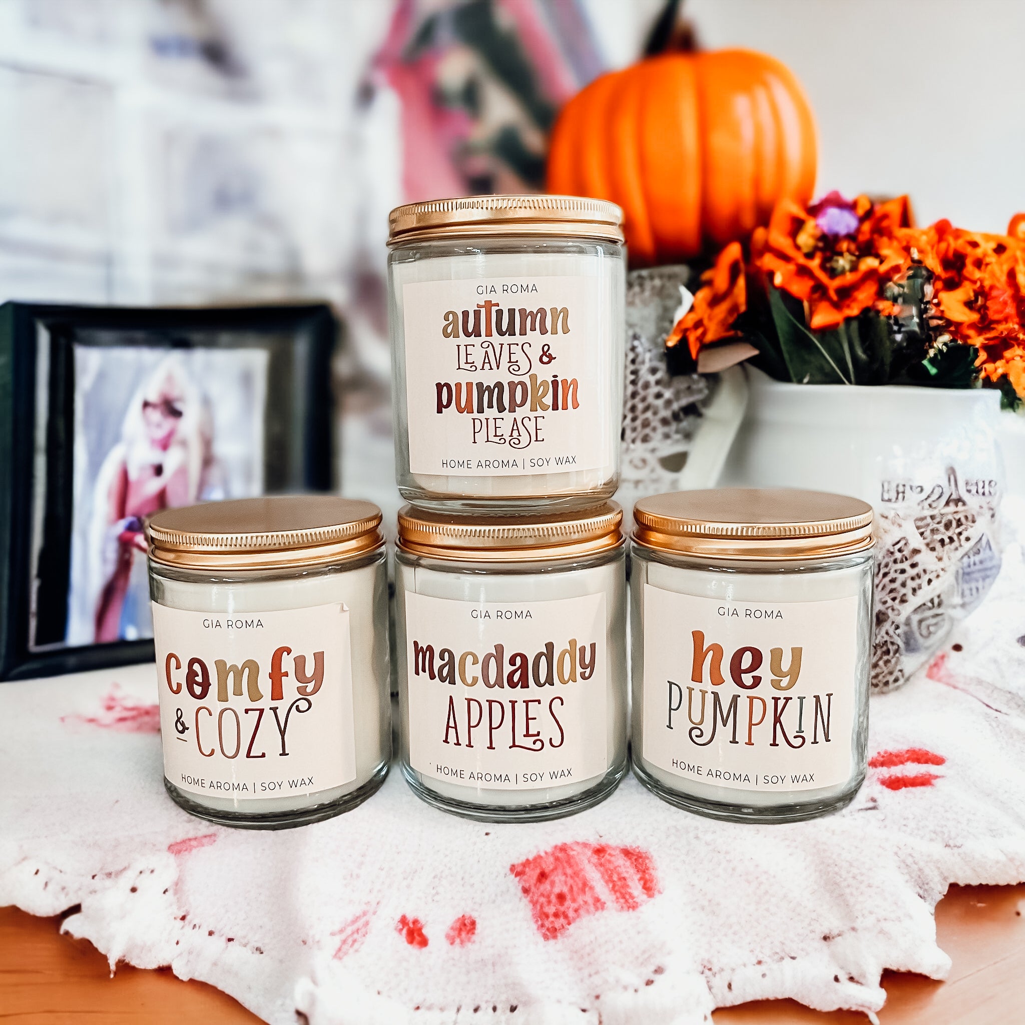 Baked Pumpkin Candle with a gold lid, showcasing a warm pumpkin pie scent and a cozy autumn ambiance.