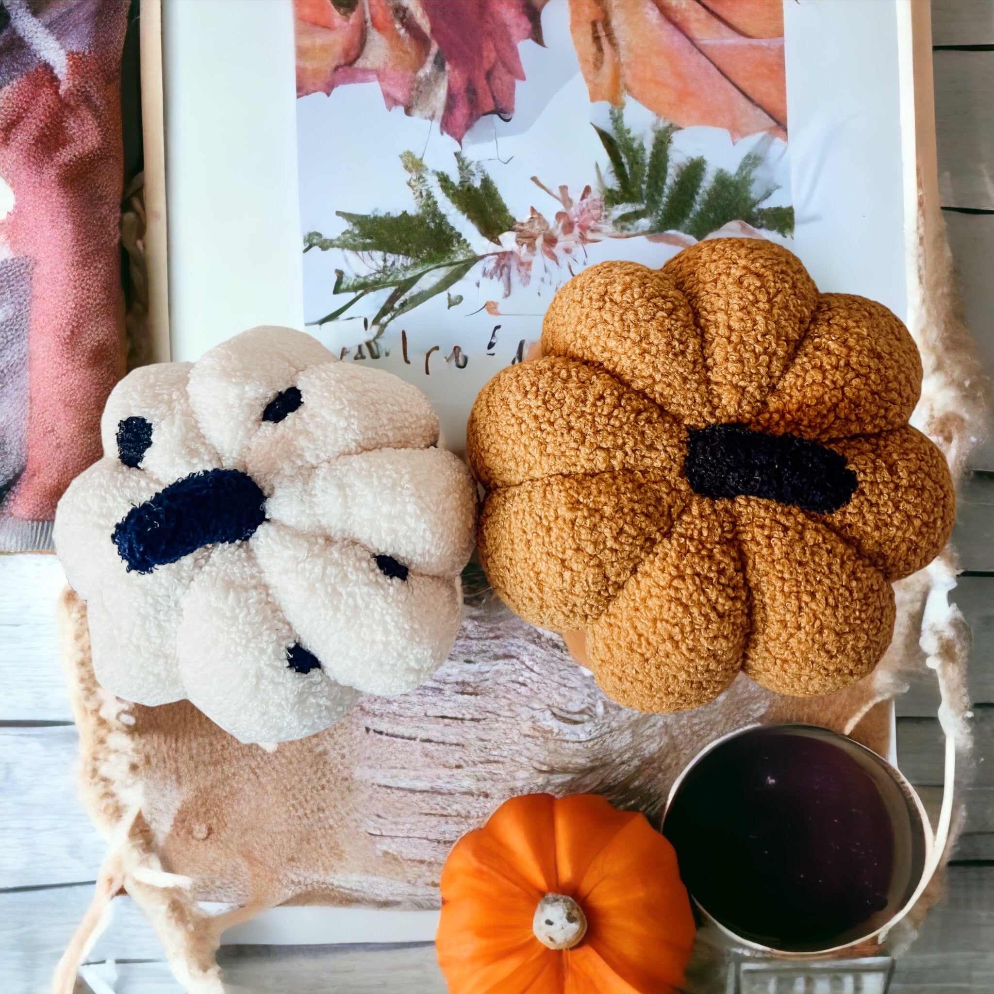 A plush Blair Pumpkin II in vibrant colors, showcasing its soft teddy velvet fabric and charming design, perfect for fall decor.