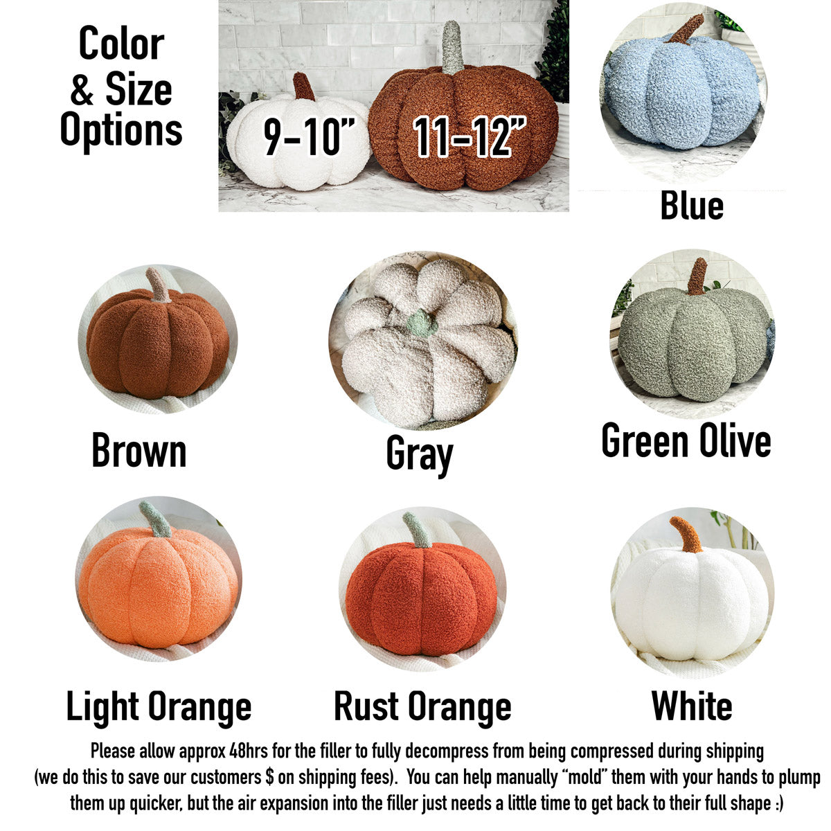 A collection of plush Blair Pumpkins in various colors including blue, gray, and orange, showcasing their soft texture and classic pumpkin shape.