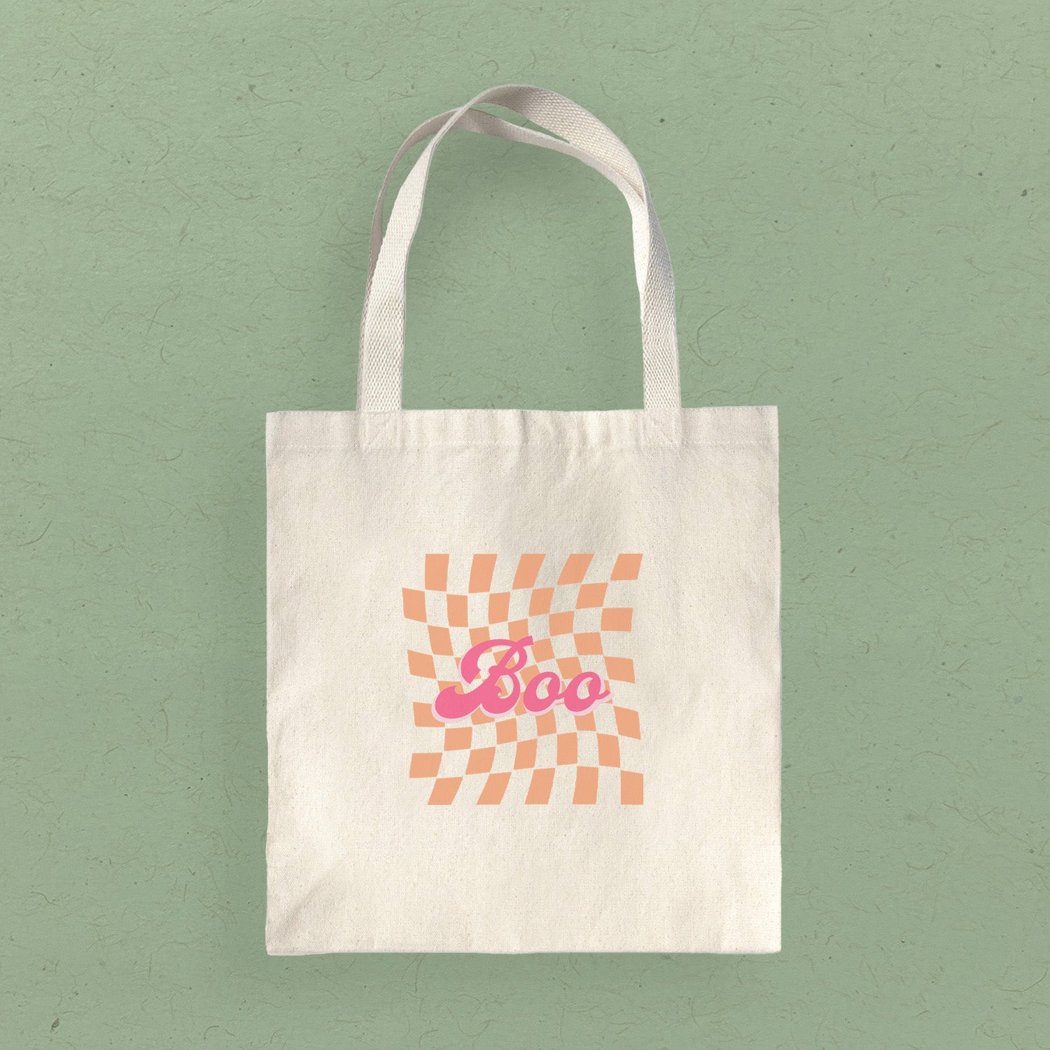 Boo Orange Check Canvas Tote Bag featuring vibrant orange checkered design on heavy-duty fabric with reinforced straps.