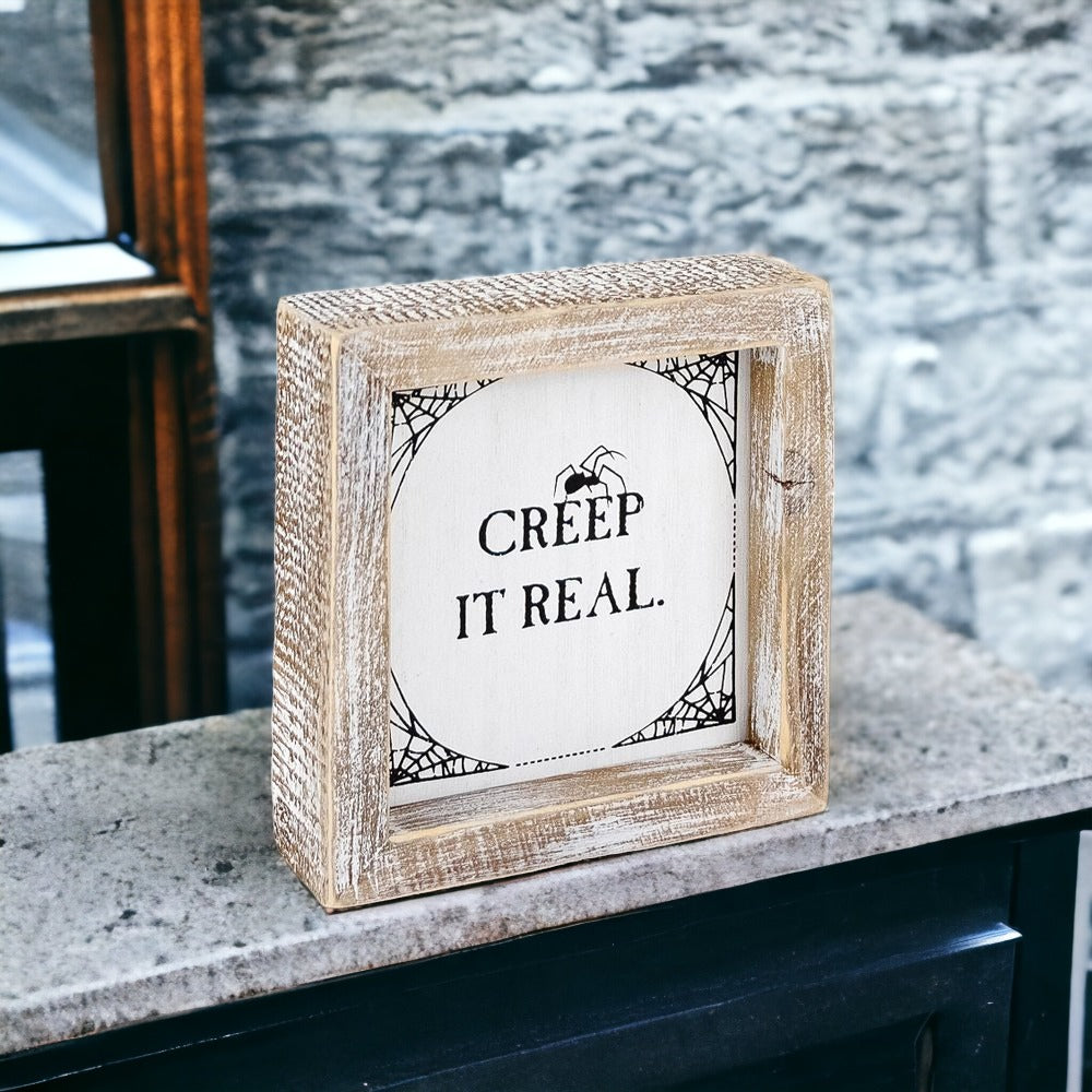 Creep + Autumn double-sided wooden sign featuring 'Creep it real' and 'Autumn is my favorite color' designs, perfect for seasonal decor.