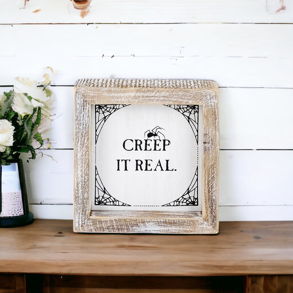 Creep + Autumn double-sided wooden sign featuring 'Creep it real' and 'Autumn is my favorite color' designs, perfect for seasonal decor.