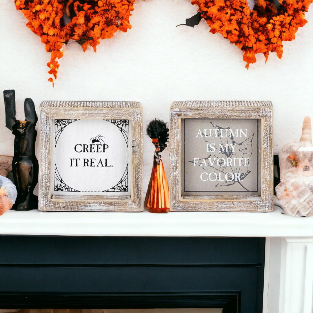 Creep + Autumn double-sided wooden sign featuring 'Creep it real' and 'Autumn is my favorite color' designs, perfect for seasonal decor.