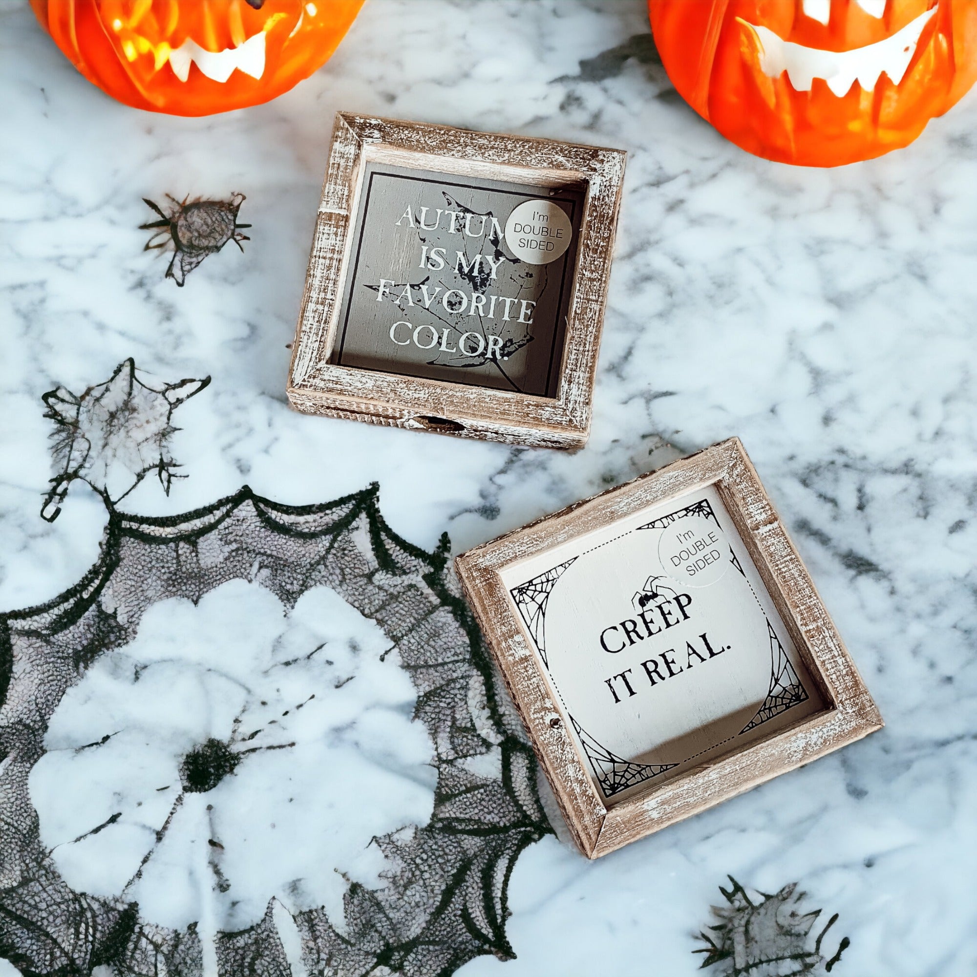 Creep + Autumn double-sided wooden sign featuring 'Creep it real' and 'Autumn is my favorite color' designs, perfect for seasonal decor.