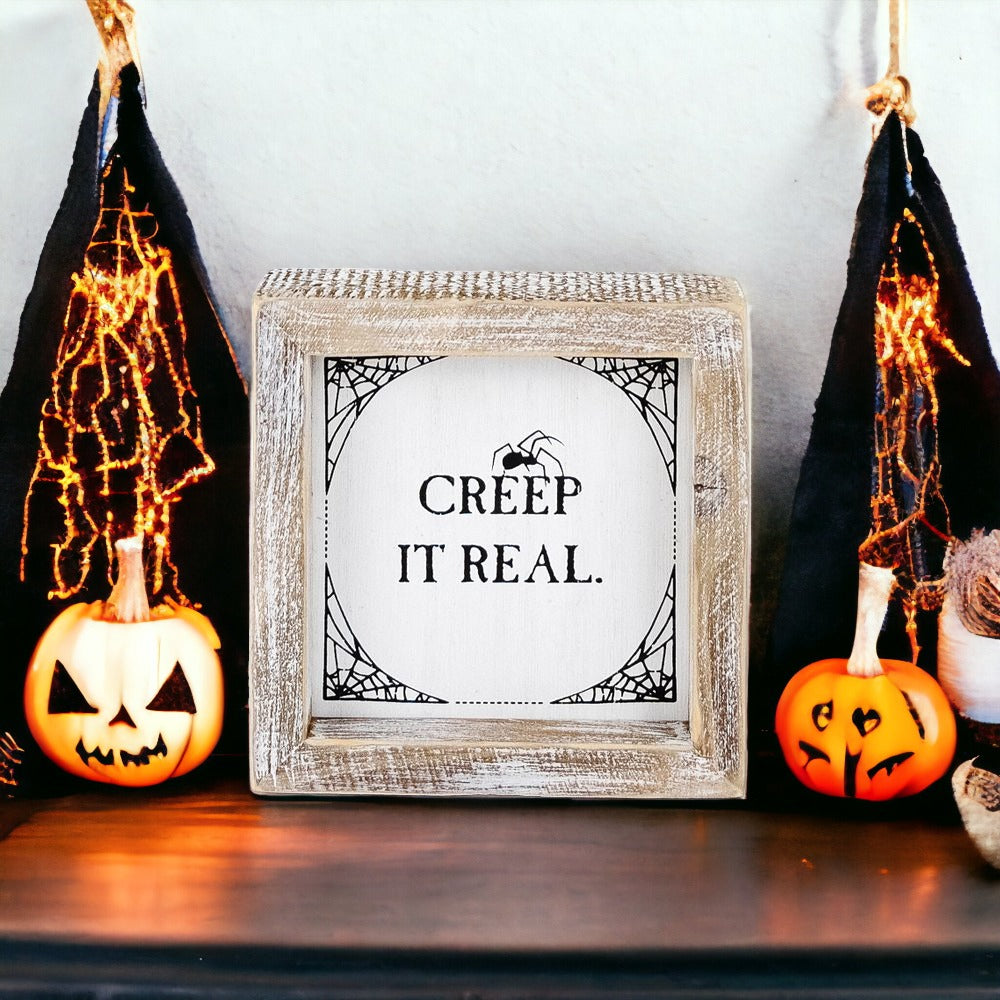 Creep + Autumn double-sided wooden sign featuring 'Creep it real' and 'Autumn is my favorite color' designs, perfect for seasonal decor.