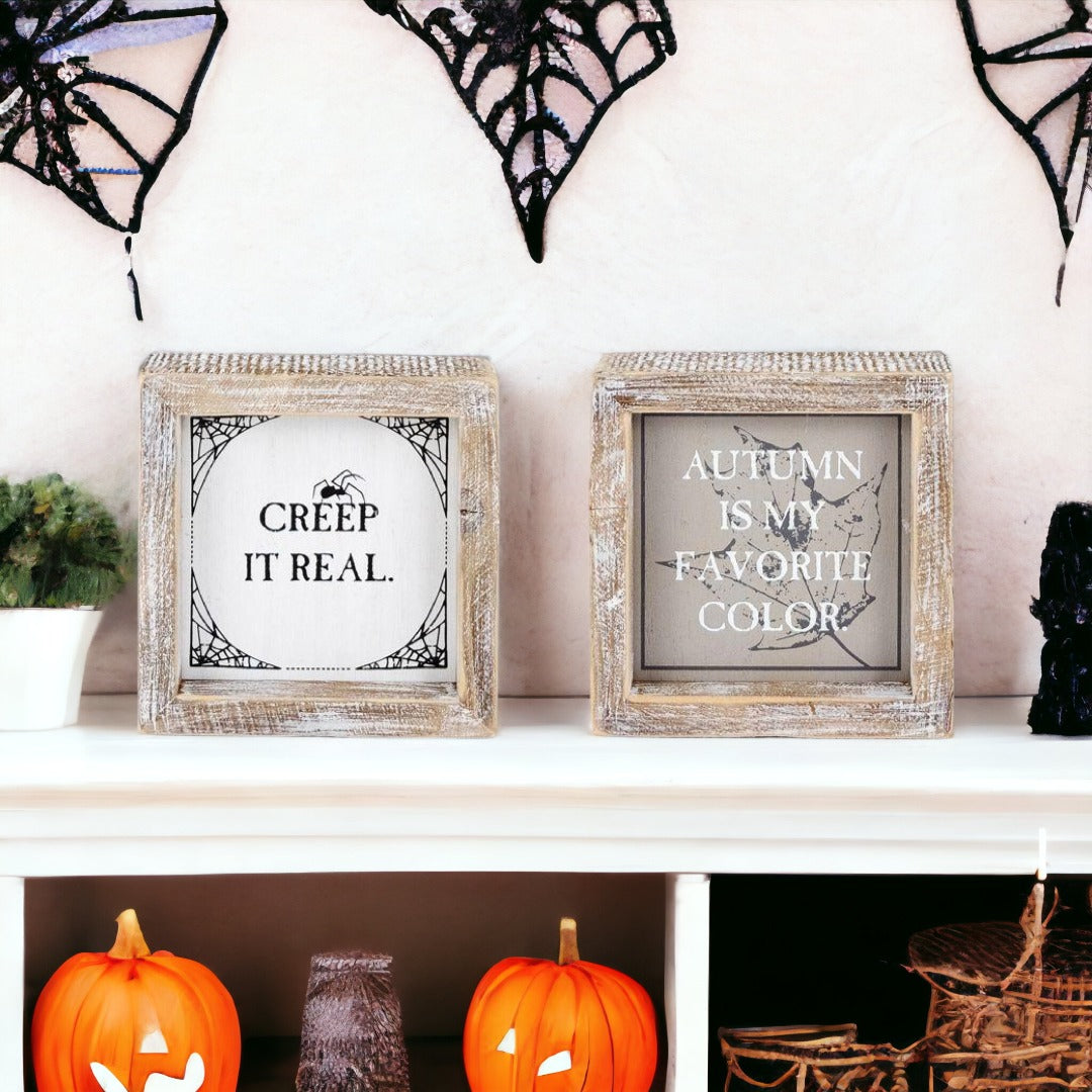 Creep + Autumn double-sided wooden sign featuring 'Creep it real' and 'Autumn is my favorite color' designs, perfect for seasonal decor.