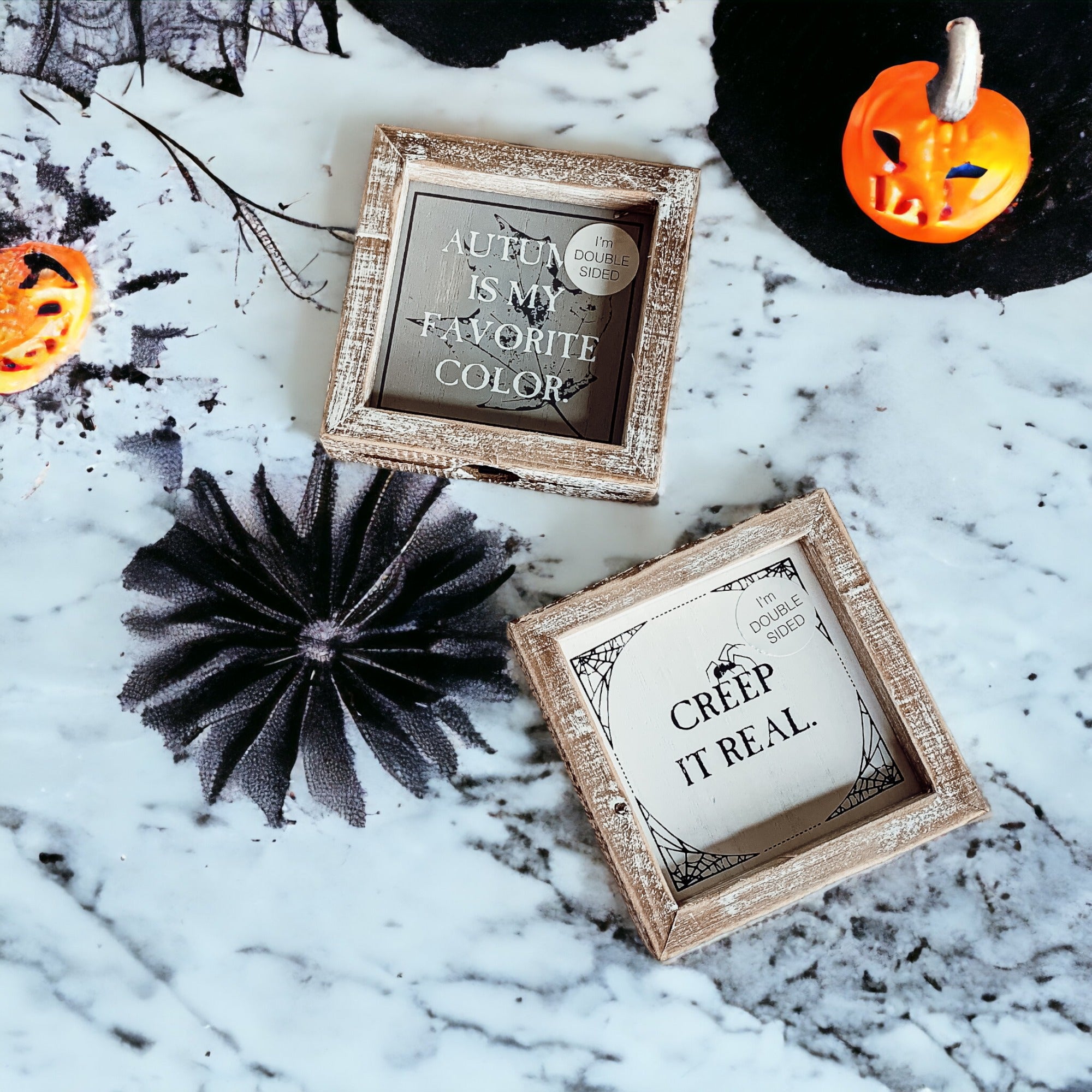 Creep + Autumn double-sided wooden sign featuring 'Creep it real' and 'Autumn is my favorite color' designs, perfect for seasonal decor.