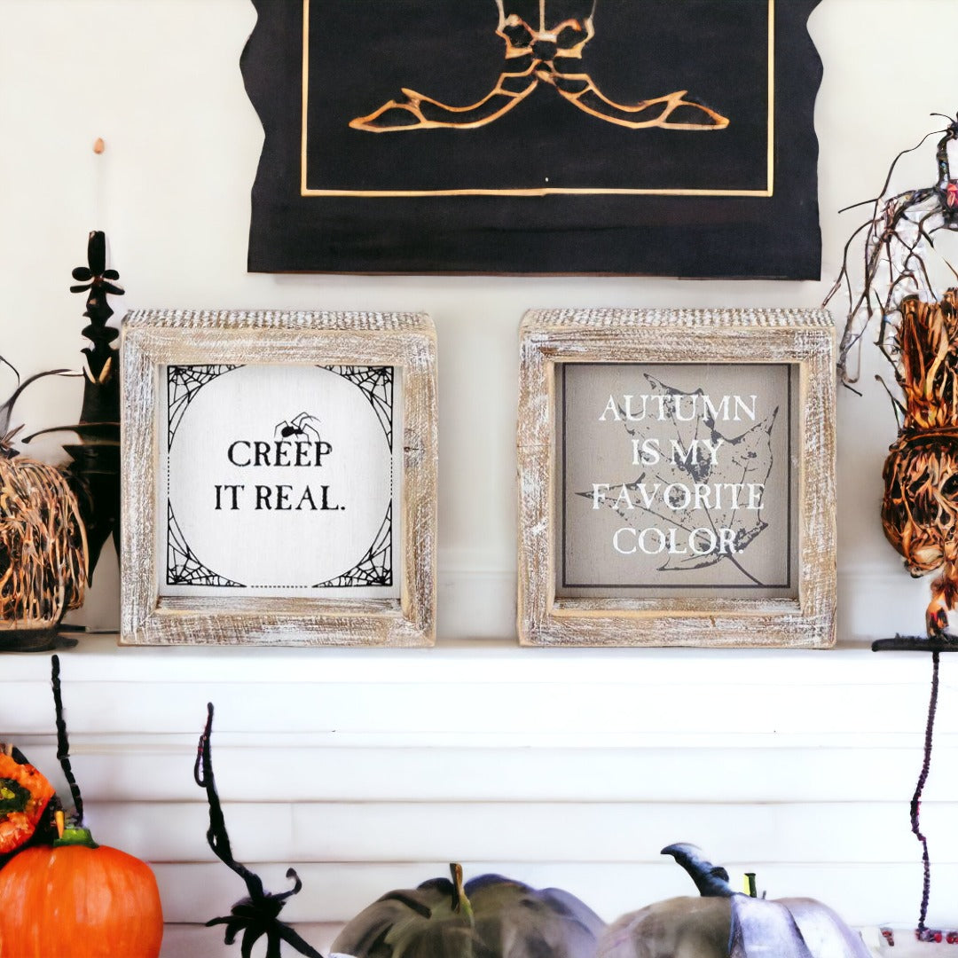 Creep + Autumn double-sided wooden sign featuring 'Creep it real' and 'Autumn is my favorite color' designs, perfect for seasonal decor.