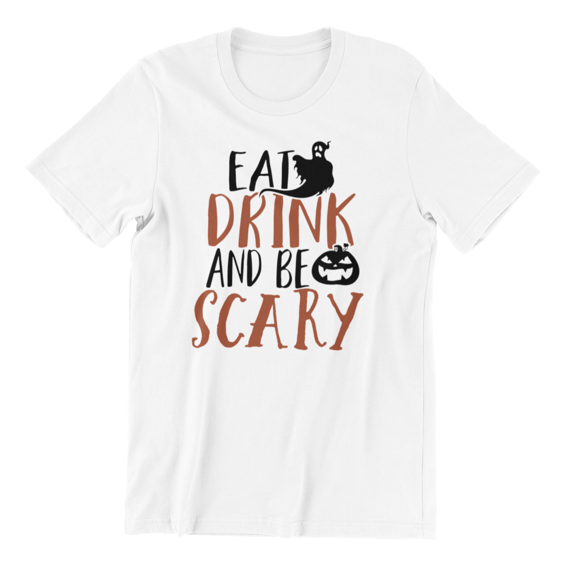 A black unisex shirt featuring the phrase 'Eat Drink & Be Scary' in bold, festive lettering, perfect for Halloween celebrations.