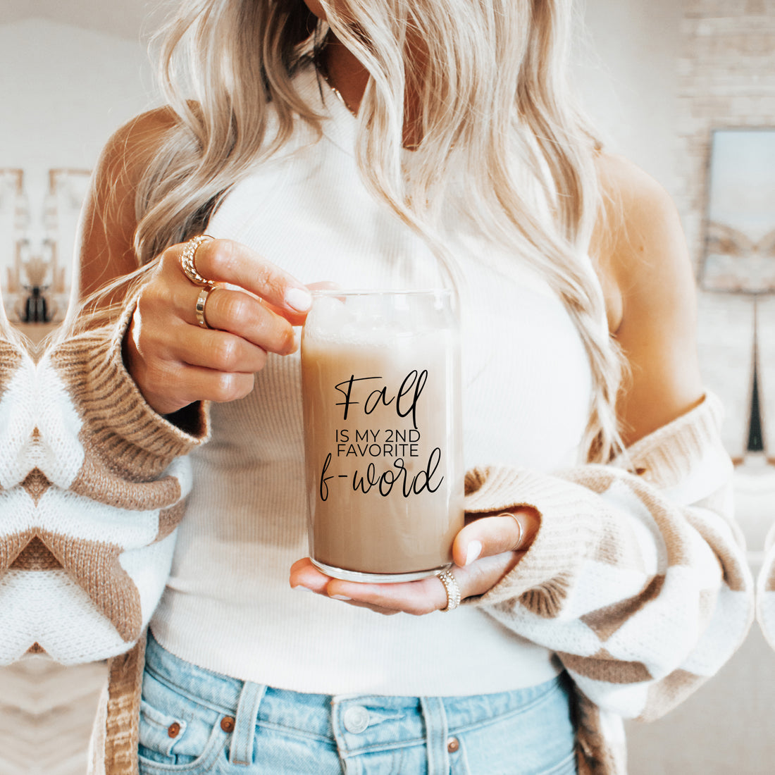 A stylish Fall F-Word Cup made of high borosilicate glass with a bamboo lid, featuring a black graphic text that reads 'FALL IS MY 2ND FAVORITE F-WORD', accompanied by stainless steel straws.