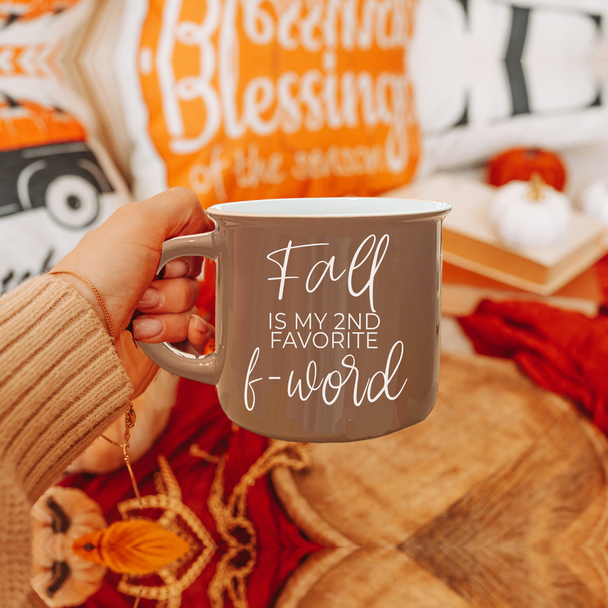 A stylish Fall + F-Word Mug featuring a neutral brown tone and white lettering, designed for cozy autumn beverages.