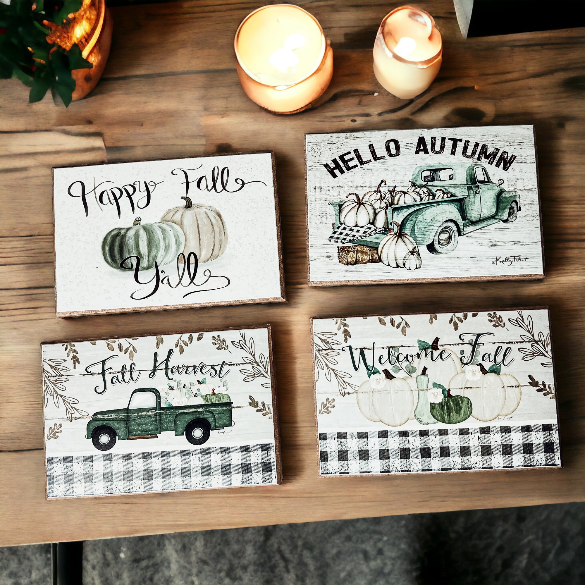 A rustic Fall Harvest sign made of thick wood, featuring autumn-themed designs, perfect for home decor during fall and Halloween.