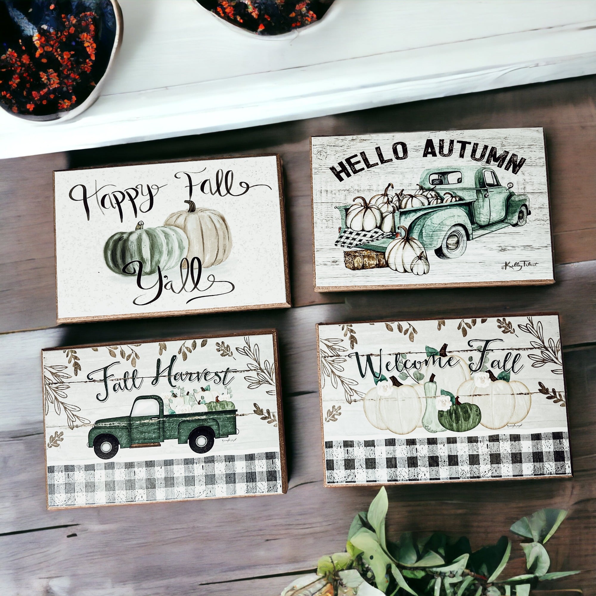 A rustic Fall Harvest sign made of thick wood, featuring autumn-themed designs, perfect for home decor during fall and Halloween.