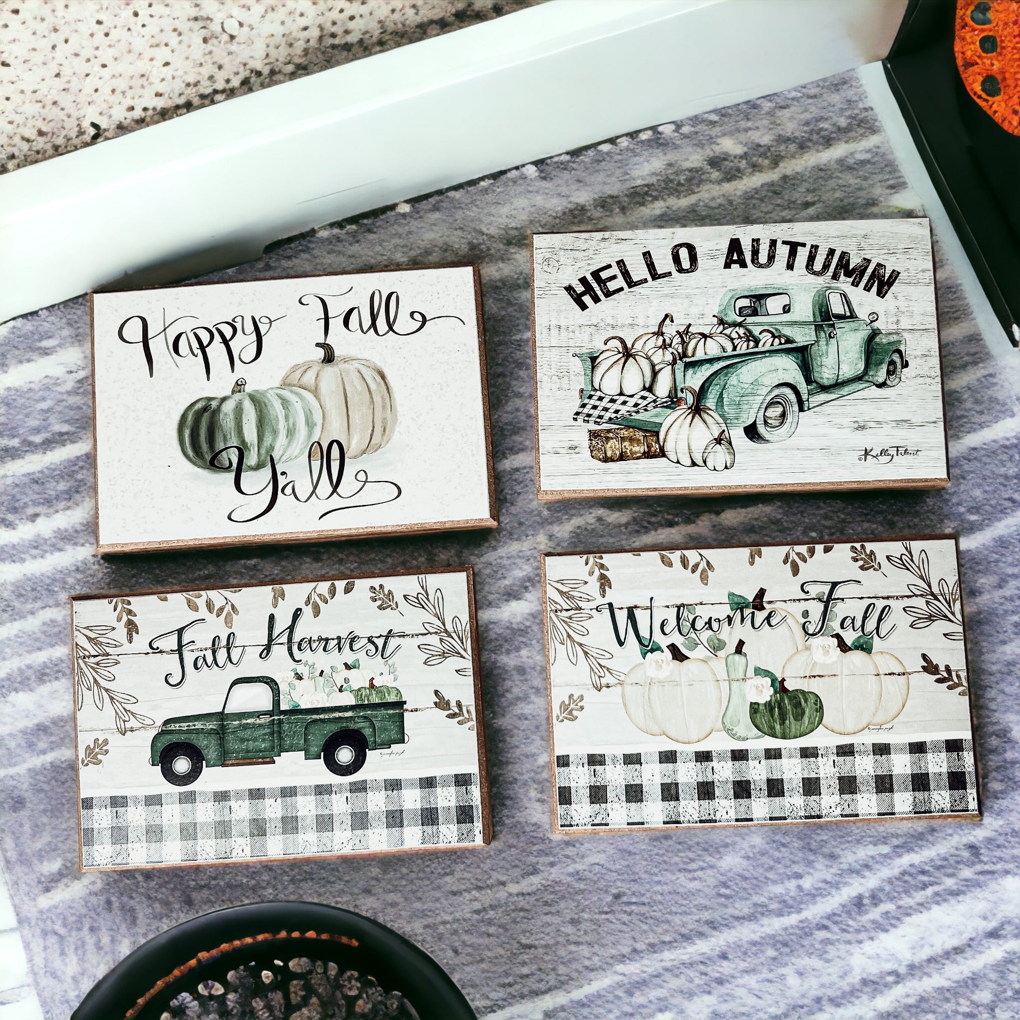 A rustic Fall Harvest sign made of thick wood, featuring autumn-themed designs, perfect for home decor during fall and Halloween.