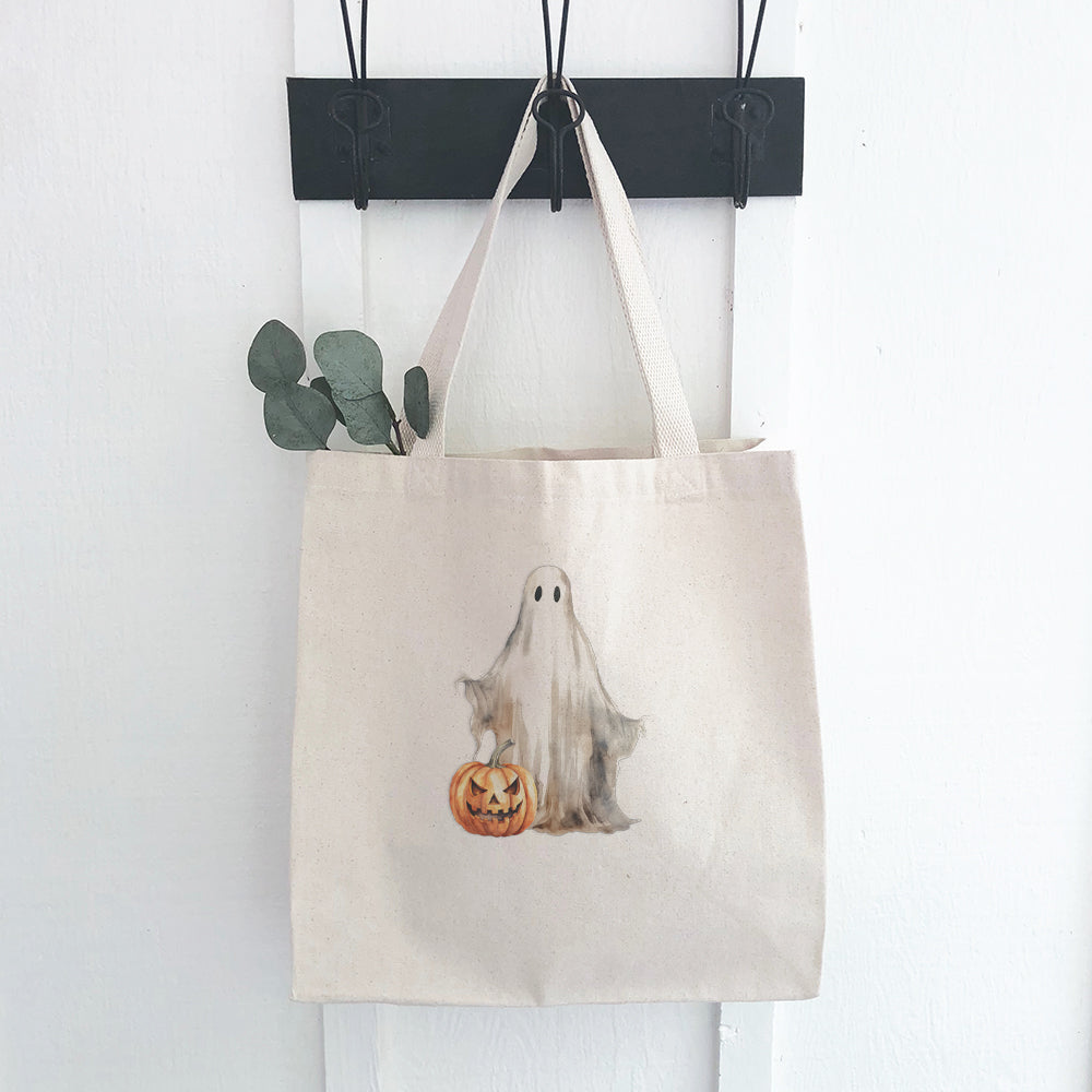 Ghost and Pumpkin Canvas Tote Bag featuring vibrant Halloween-themed design with playful ghosts and pumpkins on durable fabric.