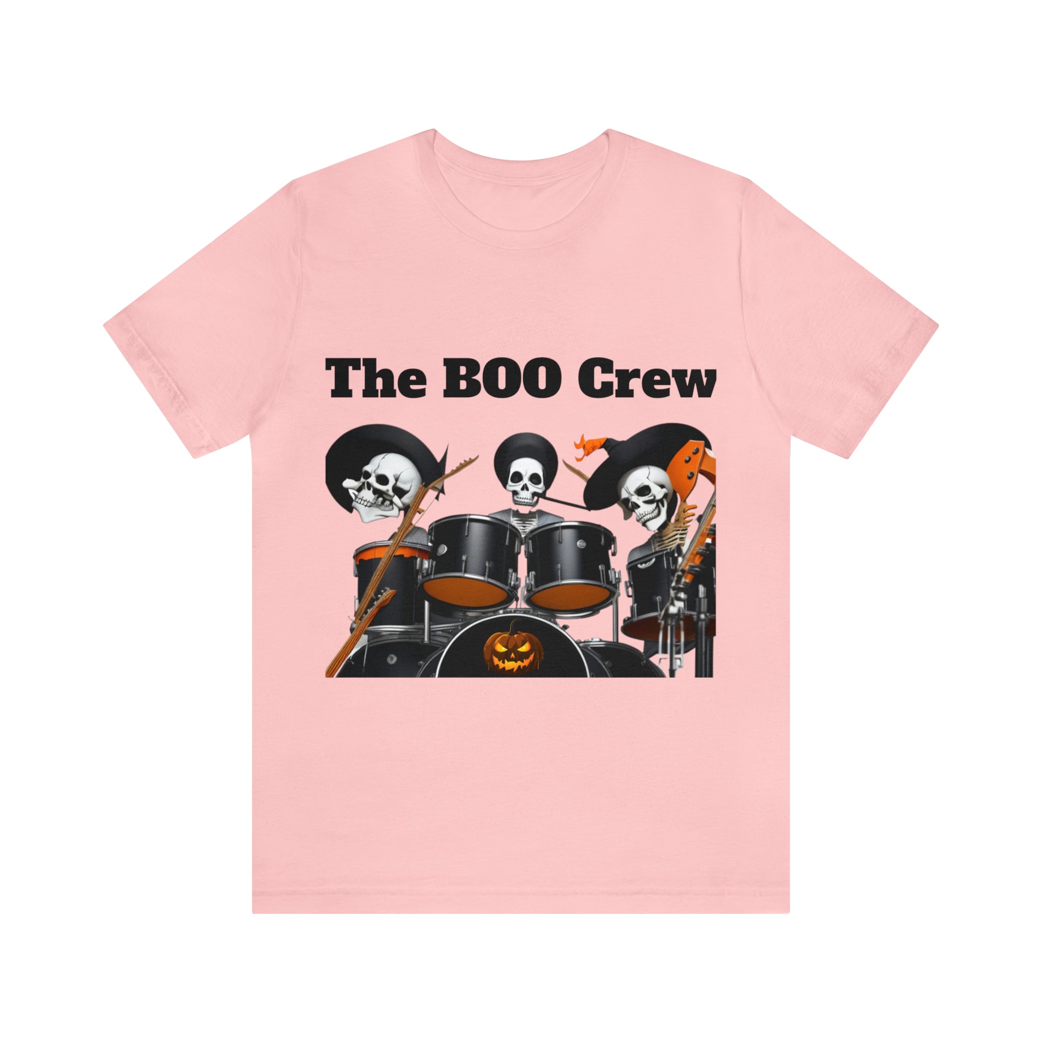 A unisex jersey short sleeve t-shirt featuring a Halloween Boo Crew Skeletons Rock Band design, perfect for festive celebrations.