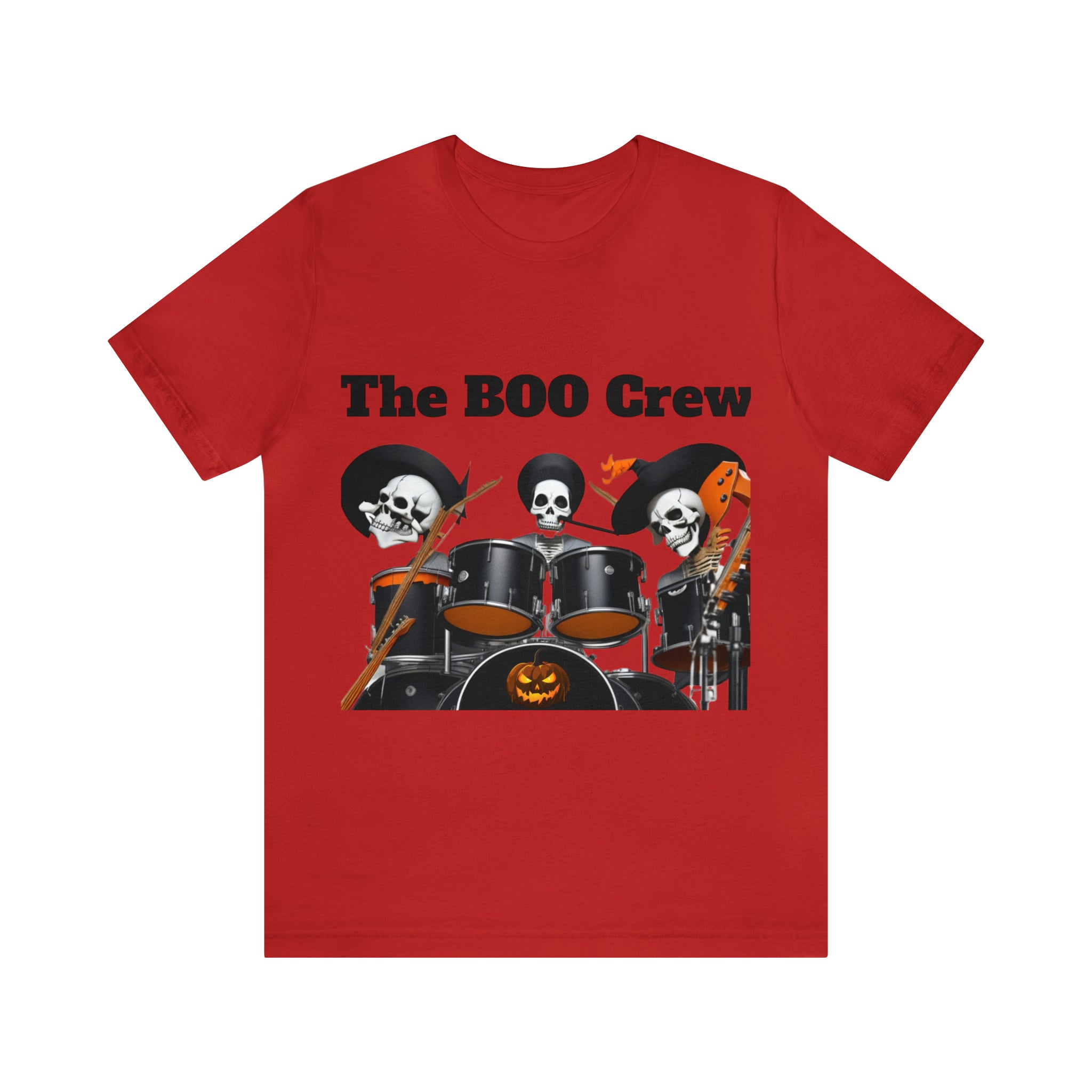 A unisex jersey short sleeve t-shirt featuring a Halloween Boo Crew Skeletons Rock Band design, perfect for festive celebrations.