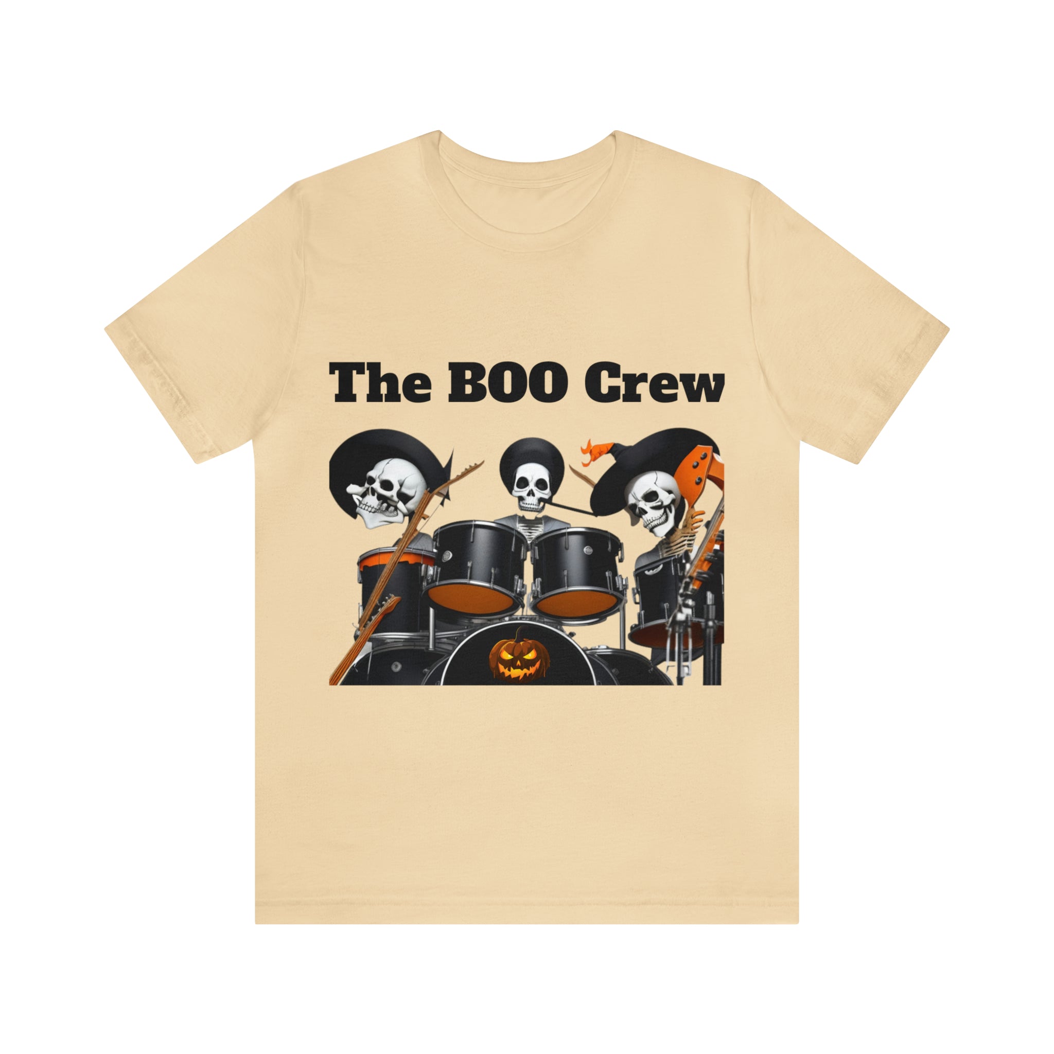 A unisex jersey short sleeve t-shirt featuring a Halloween Boo Crew Skeletons Rock Band design, perfect for festive celebrations.