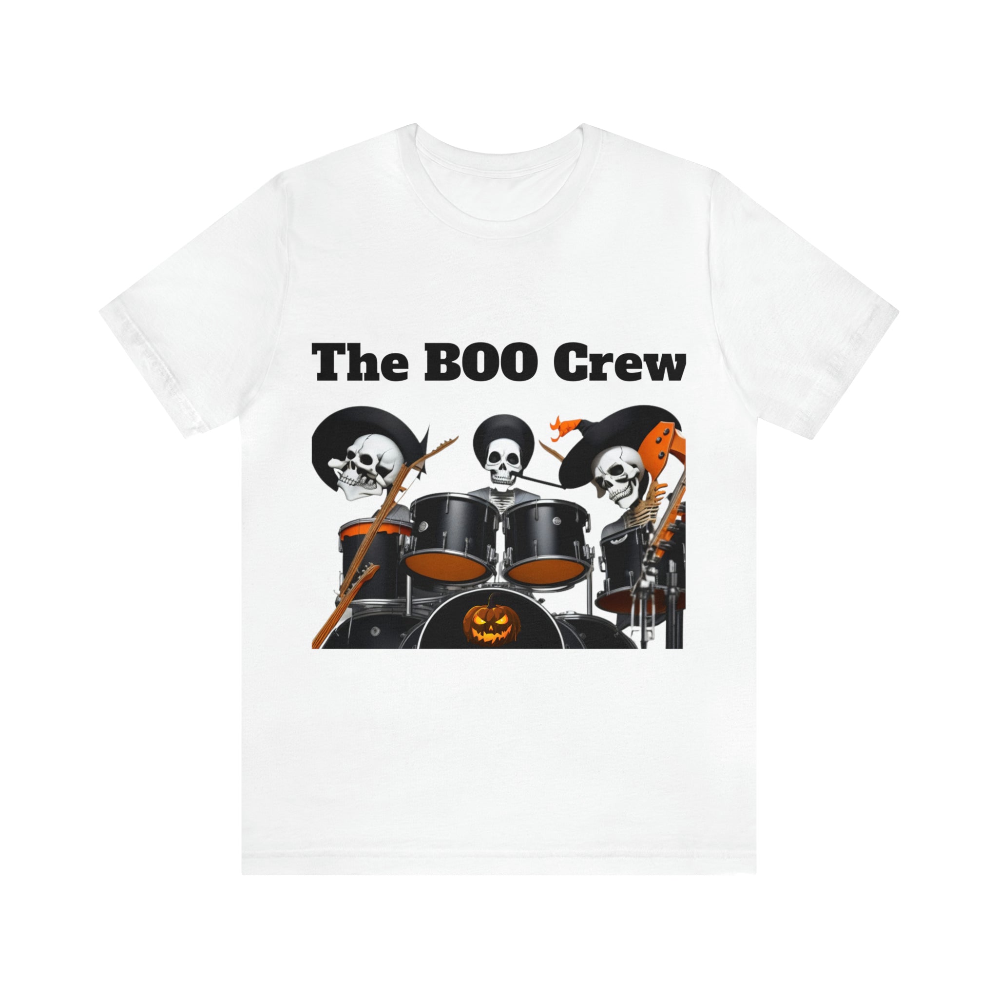 A unisex jersey short sleeve t-shirt featuring a Halloween Boo Crew Skeletons Rock Band design, perfect for festive celebrations.