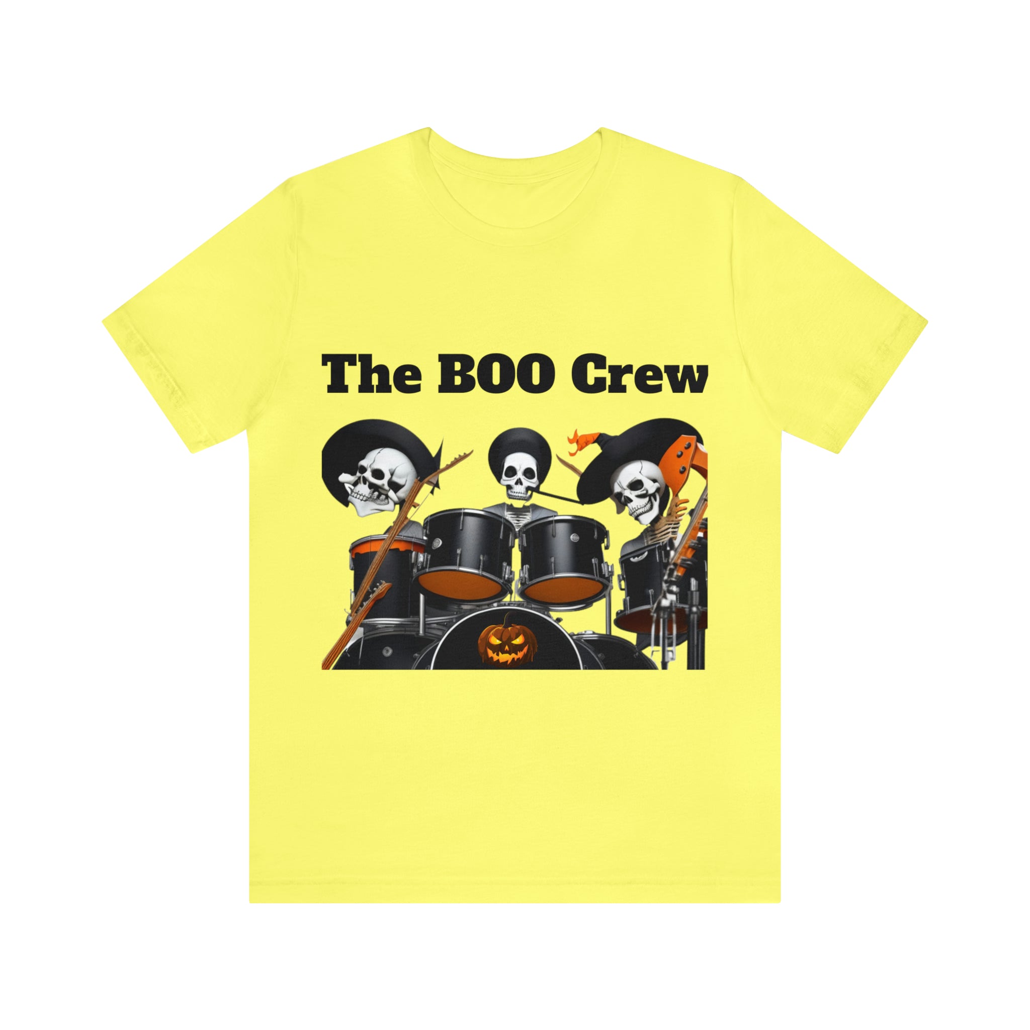 A unisex jersey short sleeve t-shirt featuring a Halloween Boo Crew Skeletons Rock Band design, perfect for festive celebrations.