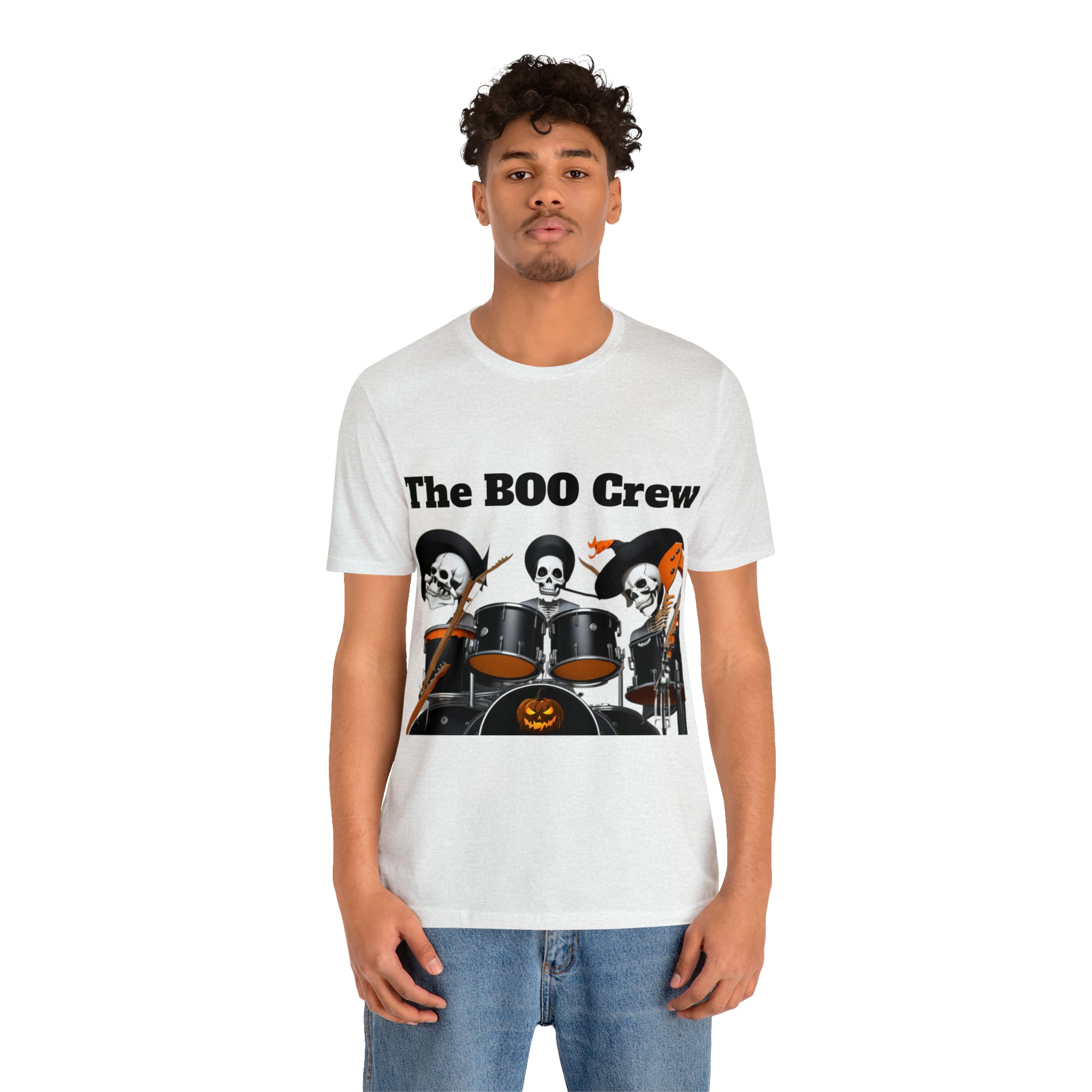 A unisex jersey short sleeve t-shirt featuring a Halloween Boo Crew Skeletons Rock Band design, perfect for festive celebrations.