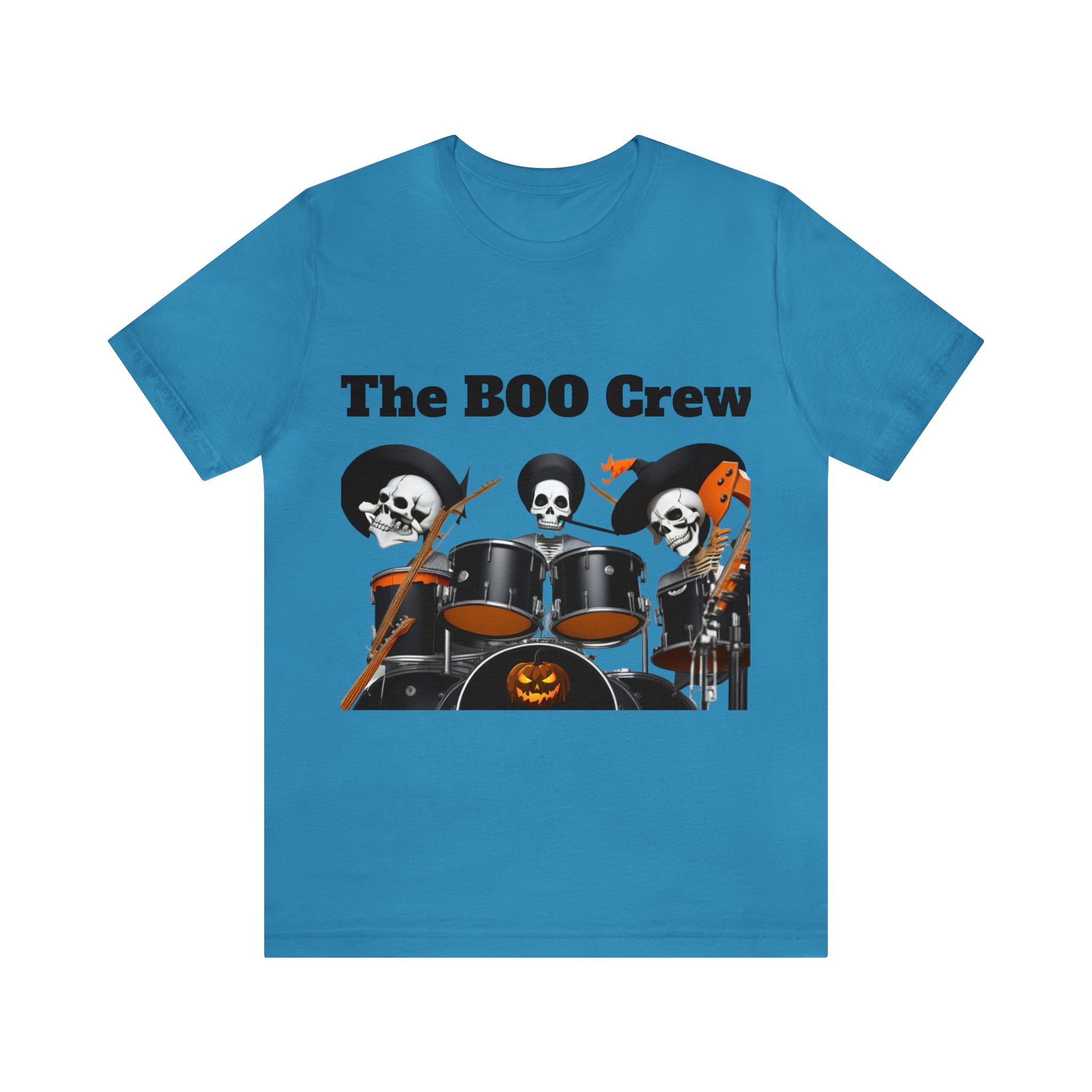 A unisex jersey short sleeve t-shirt featuring a Halloween Boo Crew Skeletons Rock Band design, perfect for festive celebrations.