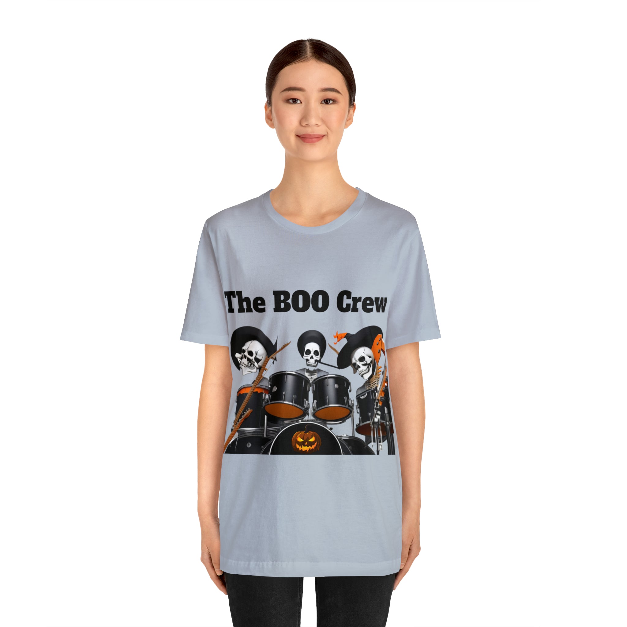 A unisex jersey short sleeve t-shirt featuring a Halloween Boo Crew Skeletons Rock Band design, perfect for festive celebrations.