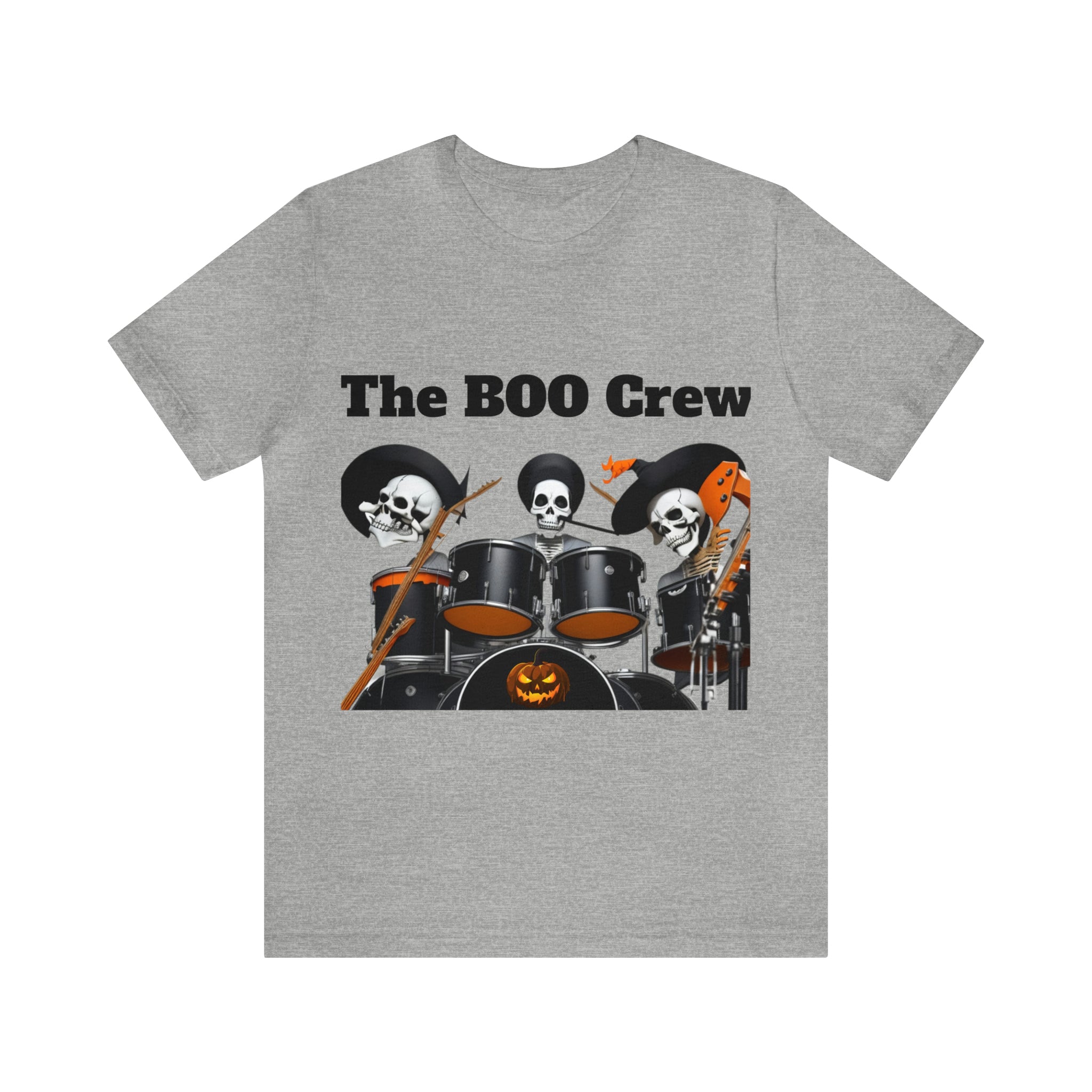 A unisex jersey short sleeve t-shirt featuring a Halloween Boo Crew Skeletons Rock Band design, perfect for festive celebrations.