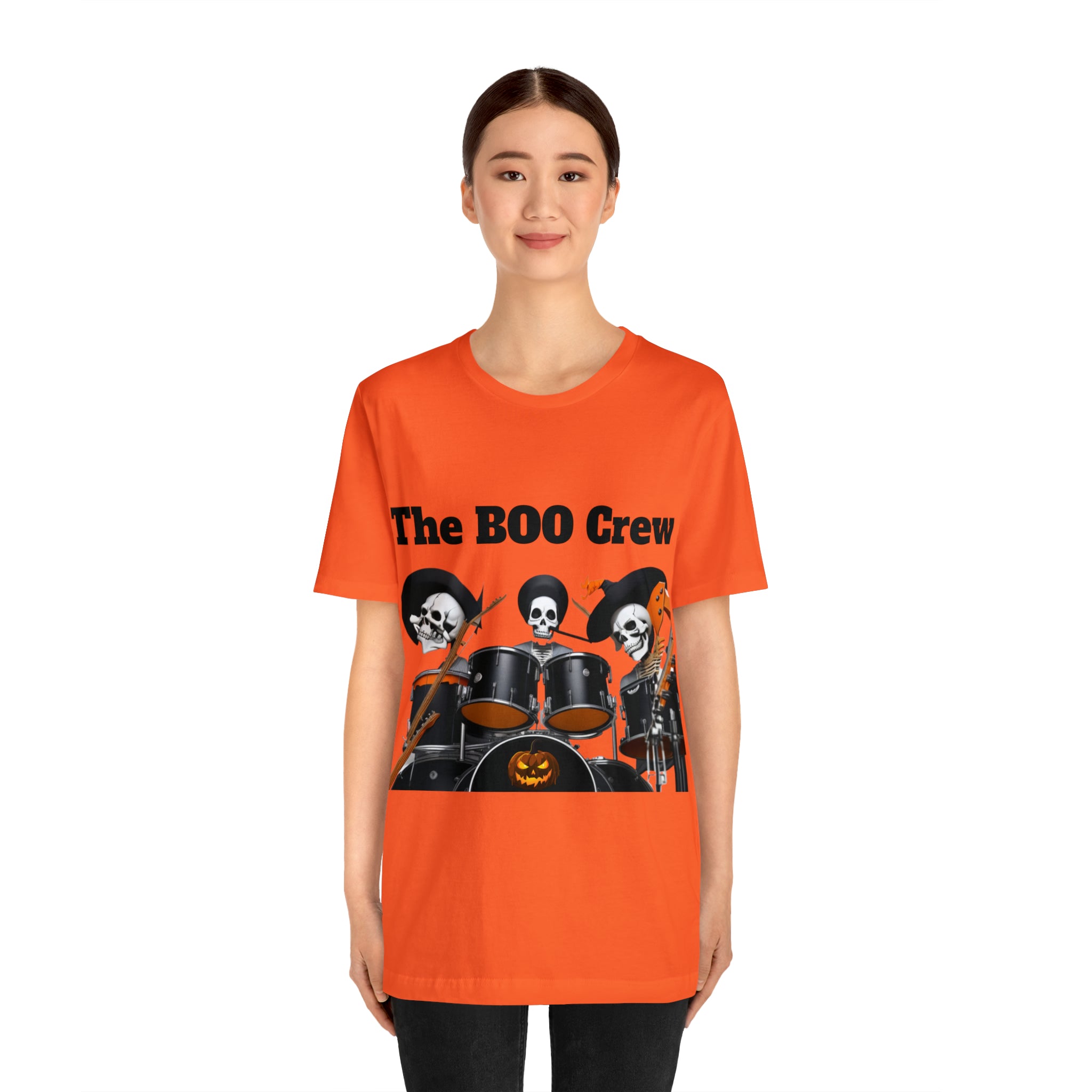 A unisex jersey short sleeve t-shirt featuring a Halloween Boo Crew Skeletons Rock Band design, perfect for festive celebrations.