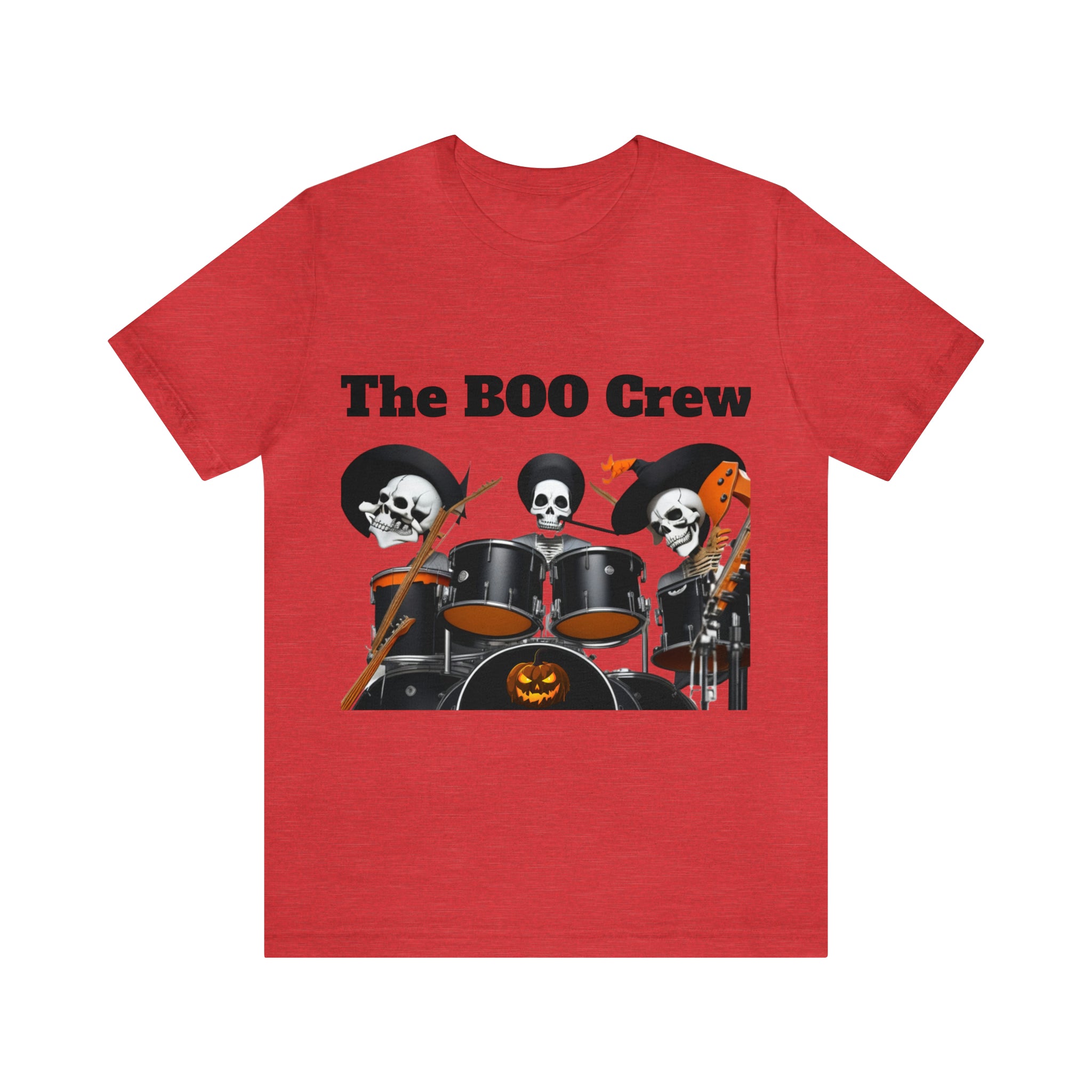 A unisex jersey short sleeve t-shirt featuring a Halloween Boo Crew Skeletons Rock Band design, perfect for festive celebrations.