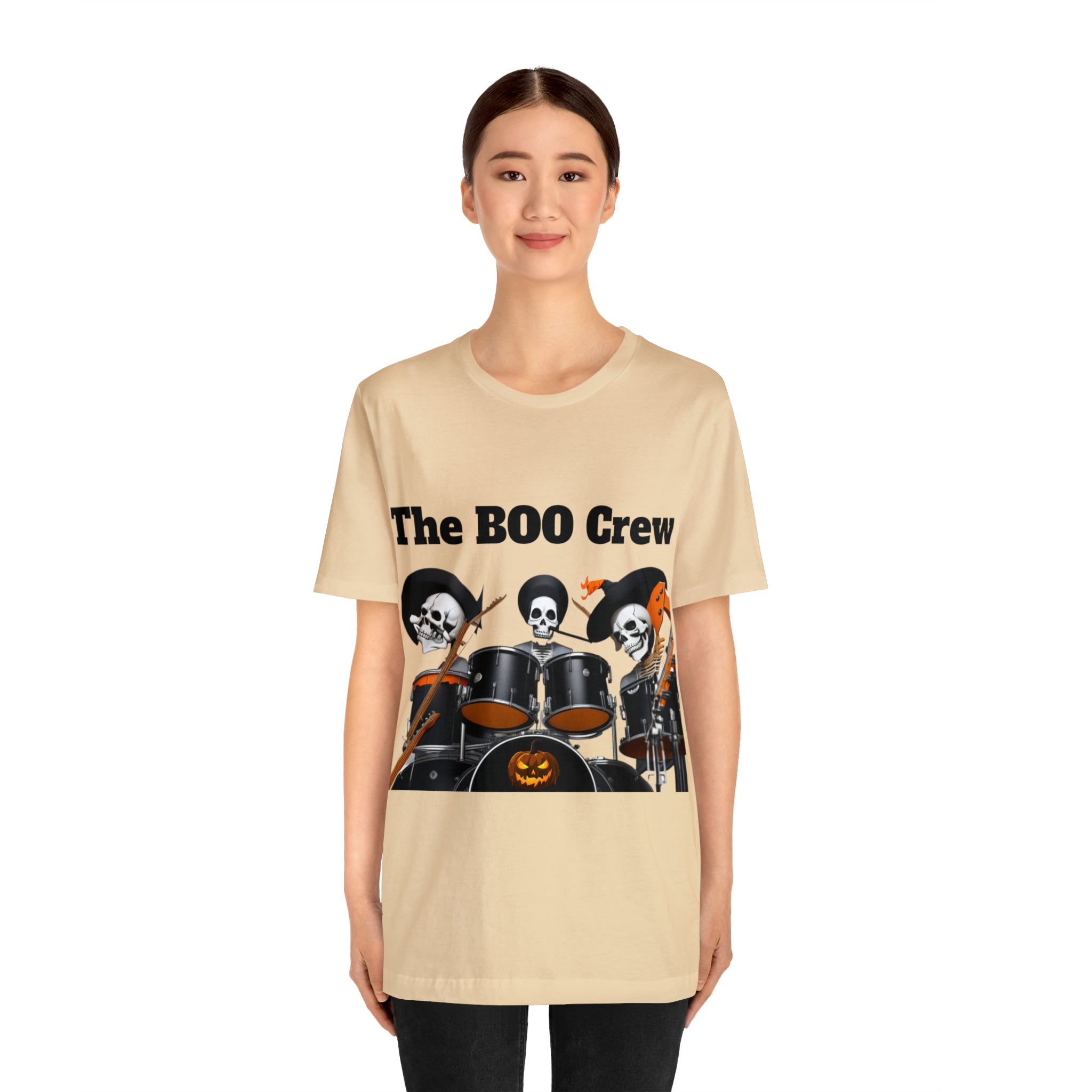 A unisex jersey short sleeve t-shirt featuring a Halloween Boo Crew Skeletons Rock Band design, perfect for festive celebrations.