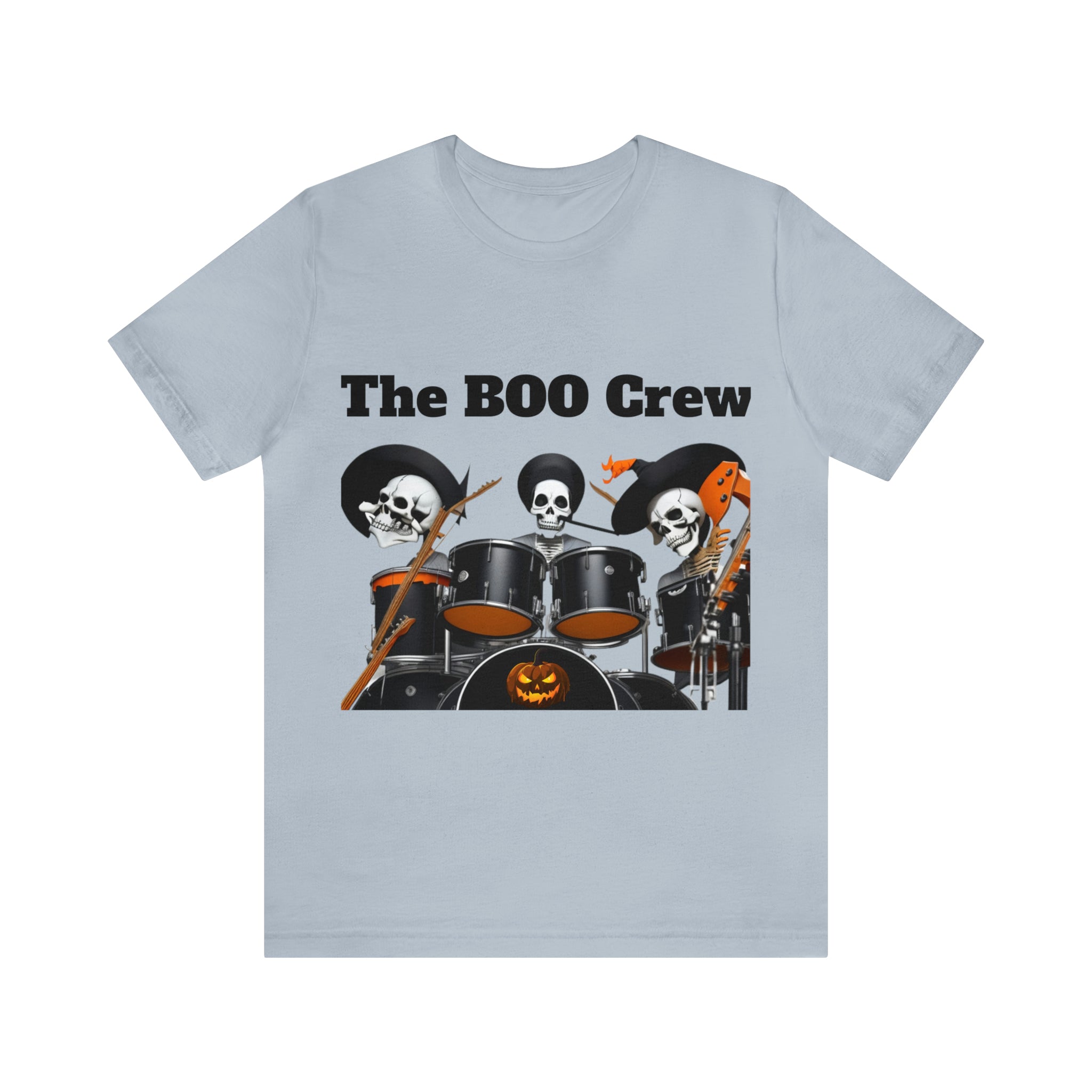 A unisex jersey short sleeve t-shirt featuring a Halloween Boo Crew Skeletons Rock Band design, perfect for festive celebrations.