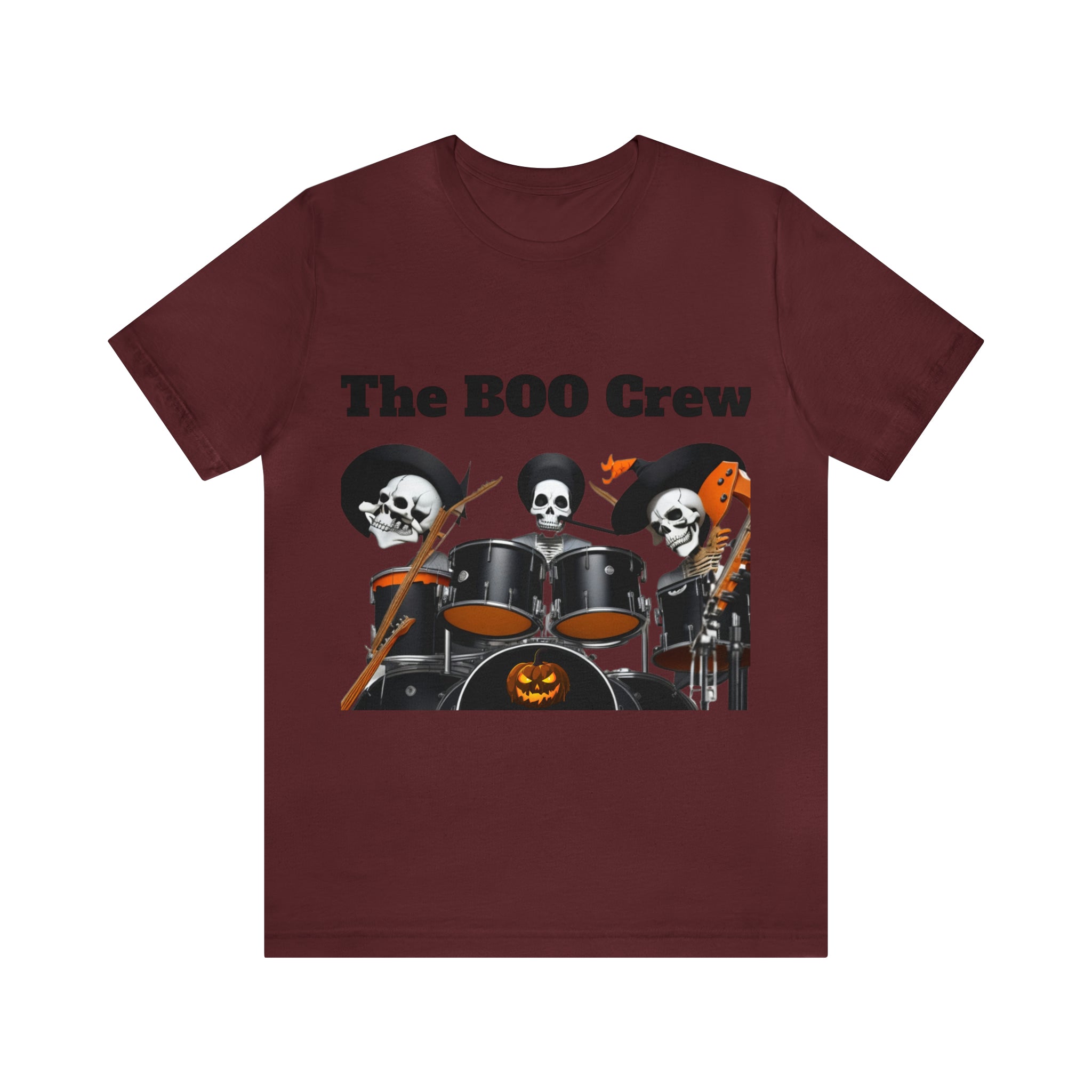 A unisex jersey short sleeve t-shirt featuring a Halloween Boo Crew Skeletons Rock Band design, perfect for festive celebrations.