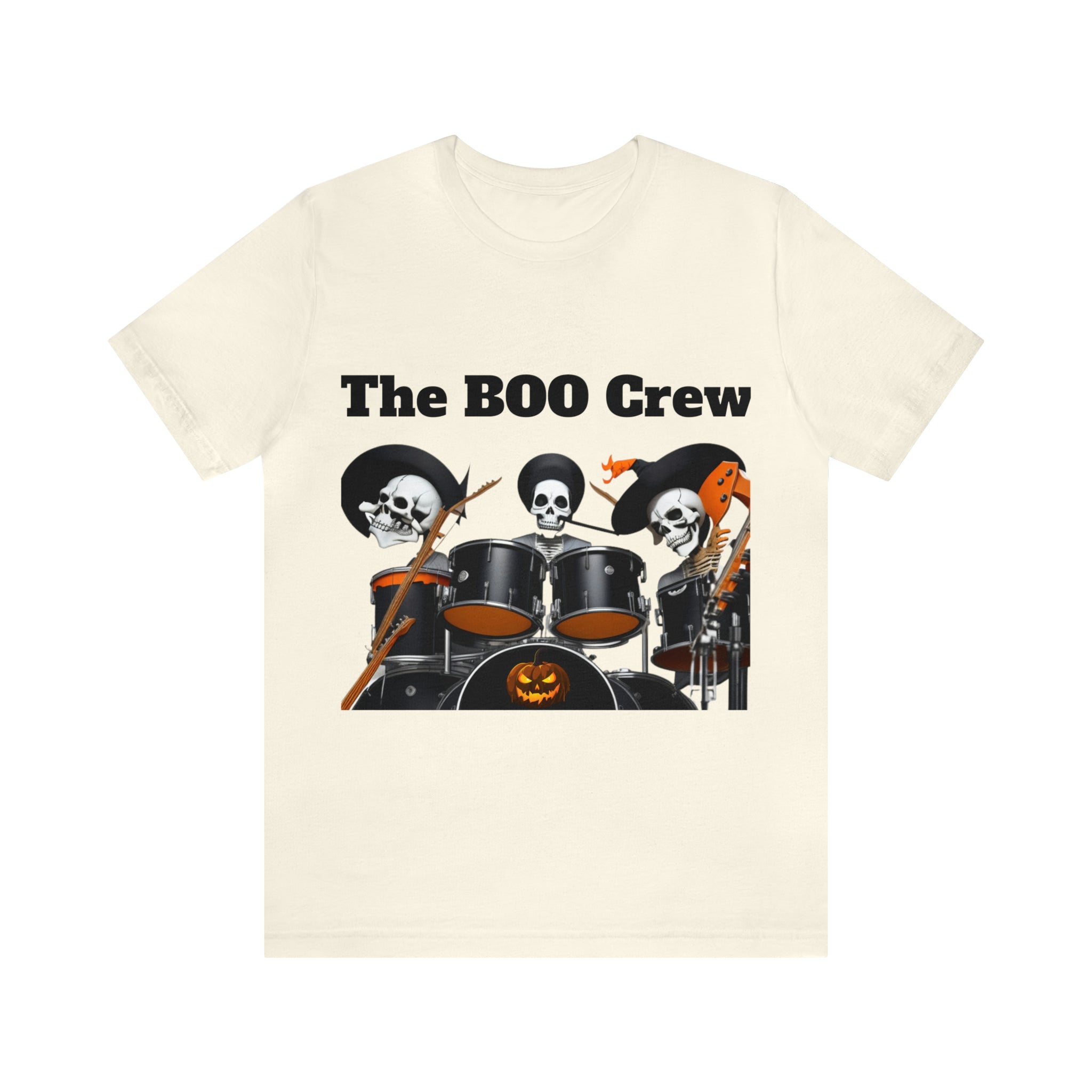 A unisex jersey short sleeve t-shirt featuring a Halloween Boo Crew Skeletons Rock Band design, perfect for festive celebrations.