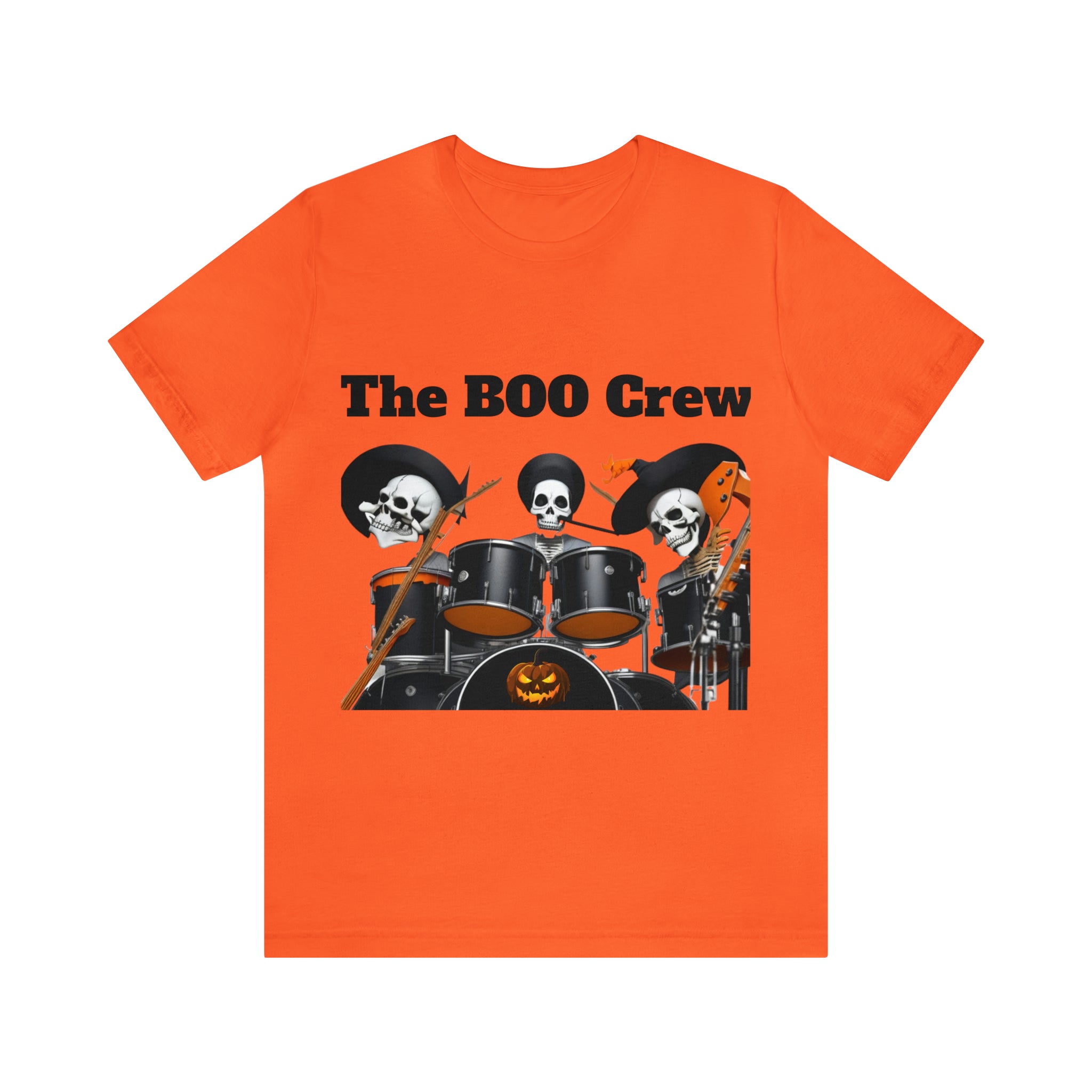 A unisex jersey short sleeve t-shirt featuring a Halloween Boo Crew Skeletons Rock Band design, perfect for festive celebrations.