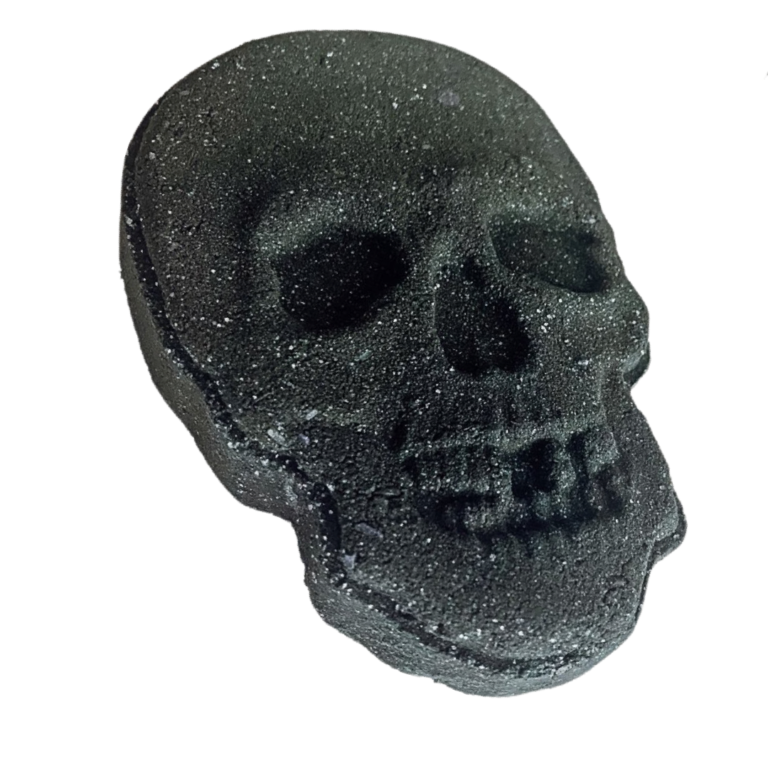 A large 5oz Halloween Skull Bath Bomb shaped like a skeleton skull, featuring a vibrant design and infused with eucalyptus and spearmint scents.