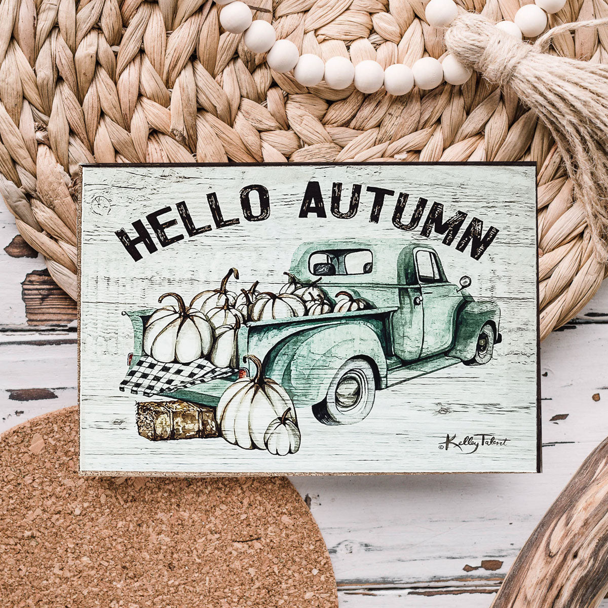 Hello Autumn Teal vintage truck sign in vibrant teal color with 'Hello Autumn' text, made of thick wood, perfect for fall decor.