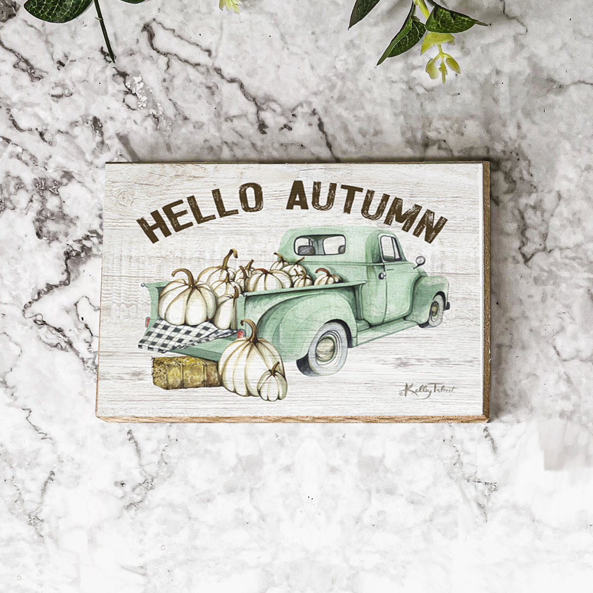 Hello Autumn Teal vintage truck sign in vibrant teal color with 'Hello Autumn' text, made of thick wood, perfect for fall decor.