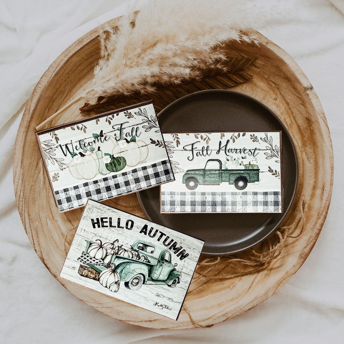 Hello Autumn Teal vintage truck sign in vibrant teal color with 'Hello Autumn' text, made of thick wood, perfect for fall decor.