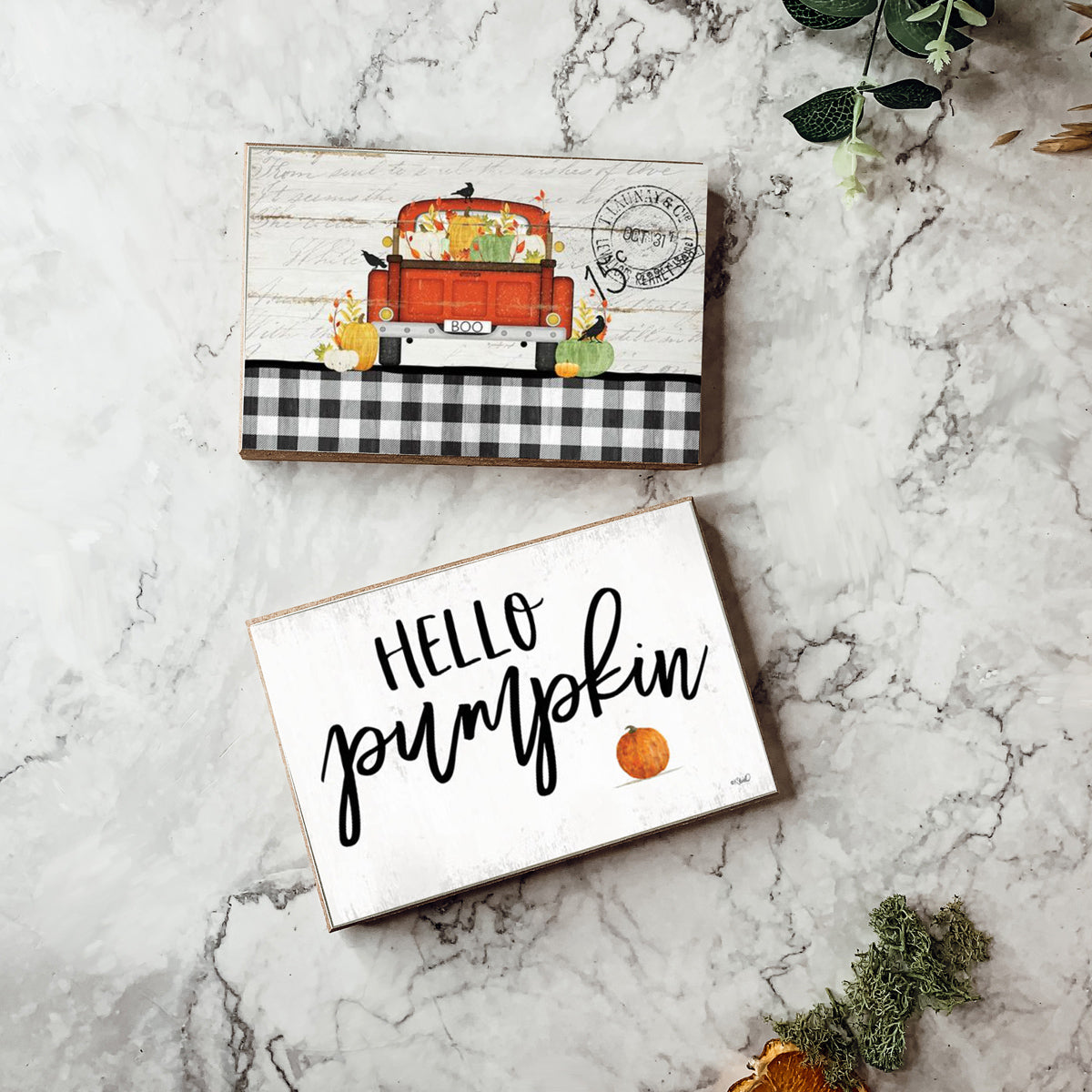 Hello Pumpkin wooden sign with rustic off-white background and black script, perfect for fall decor.