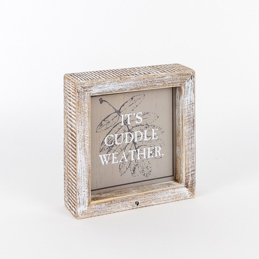 A double-sided wooden sign featuring 'Hey Boo' on one side and 'It's Cuddle Weather' on the other, measuring 5x5 inches.