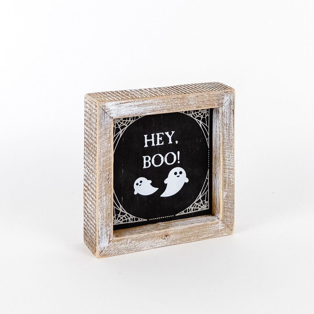 A double-sided wooden sign featuring 'Hey Boo' on one side and 'It's Cuddle Weather' on the other, measuring 5x5 inches.