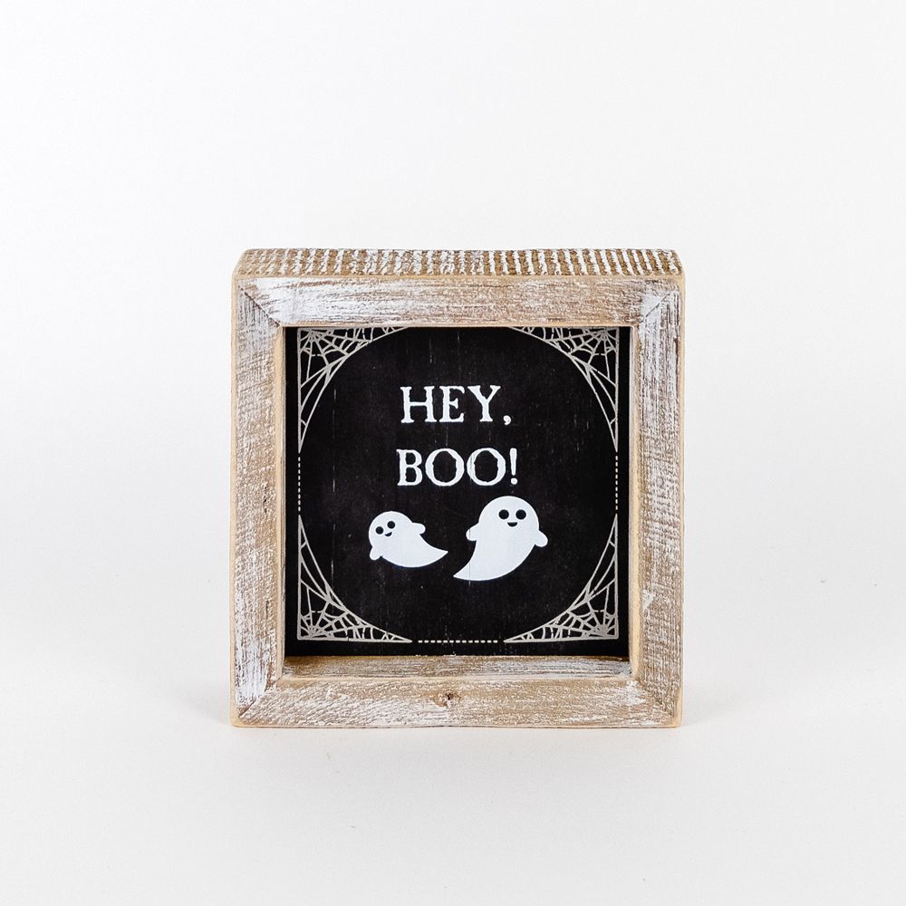 A double-sided wooden sign featuring 'Hey Boo' on one side and 'It's Cuddle Weather' on the other, measuring 5x5 inches.