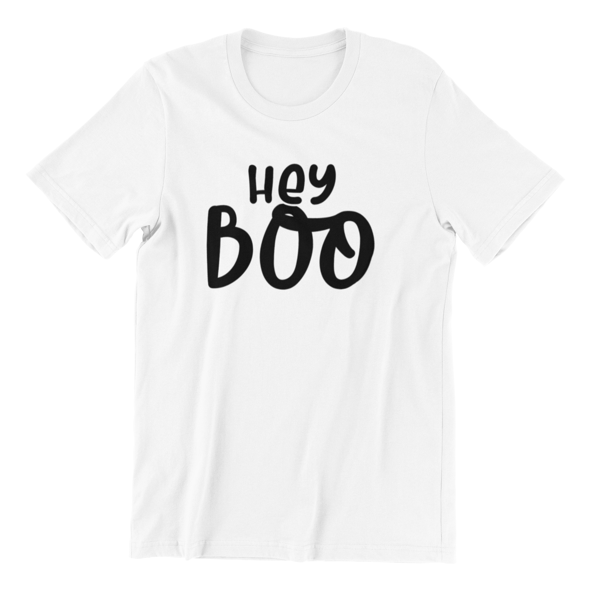 Hey Boo Halloween Shirt featuring a playful design on a Gildan unisex shirt, made from 100% preshrunk cotton, available in various sizes.