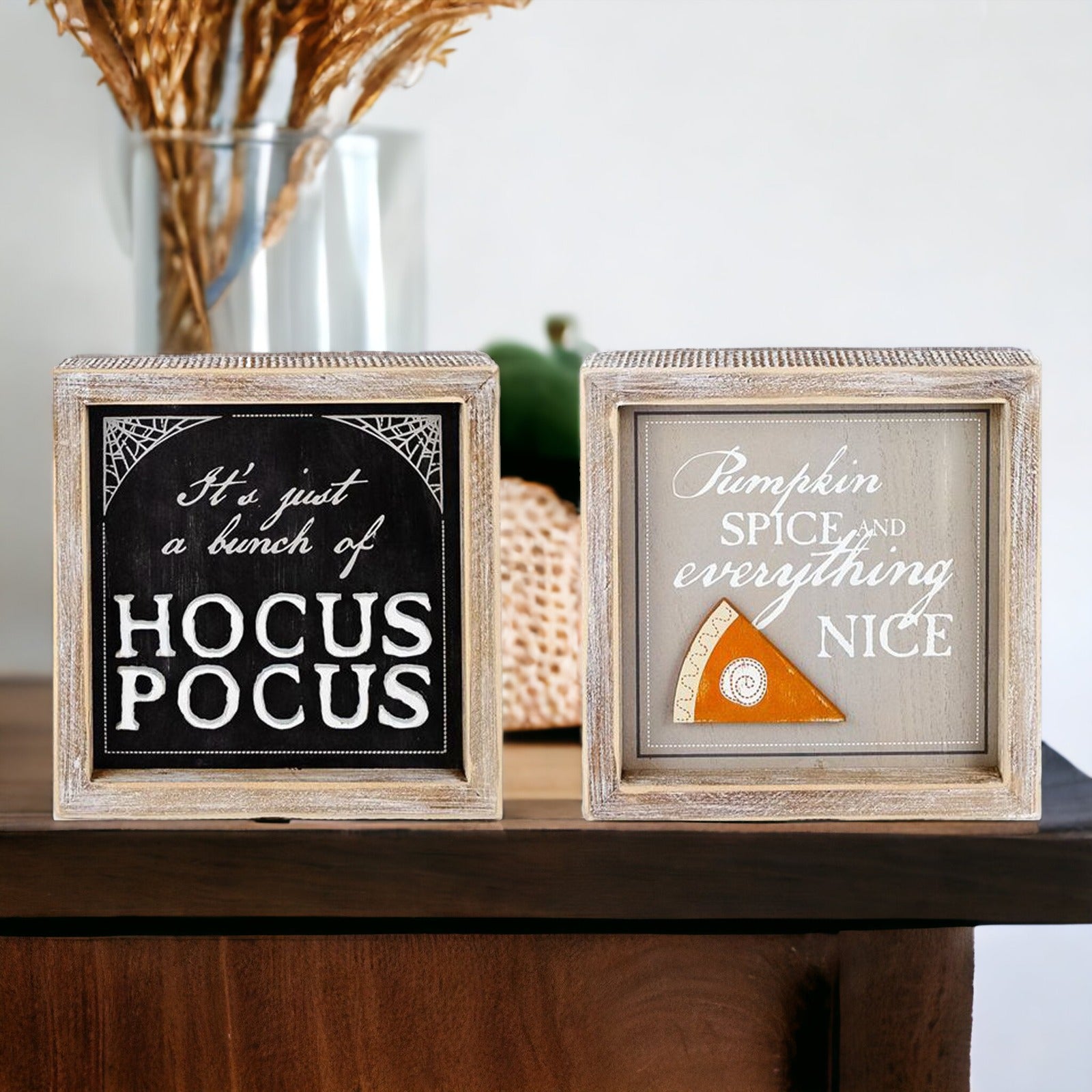 Hocus Pocus 3D double-sided sign featuring Pumpkin Spice and Hocus Pocus graphics, perfect for fall and Halloween decor.